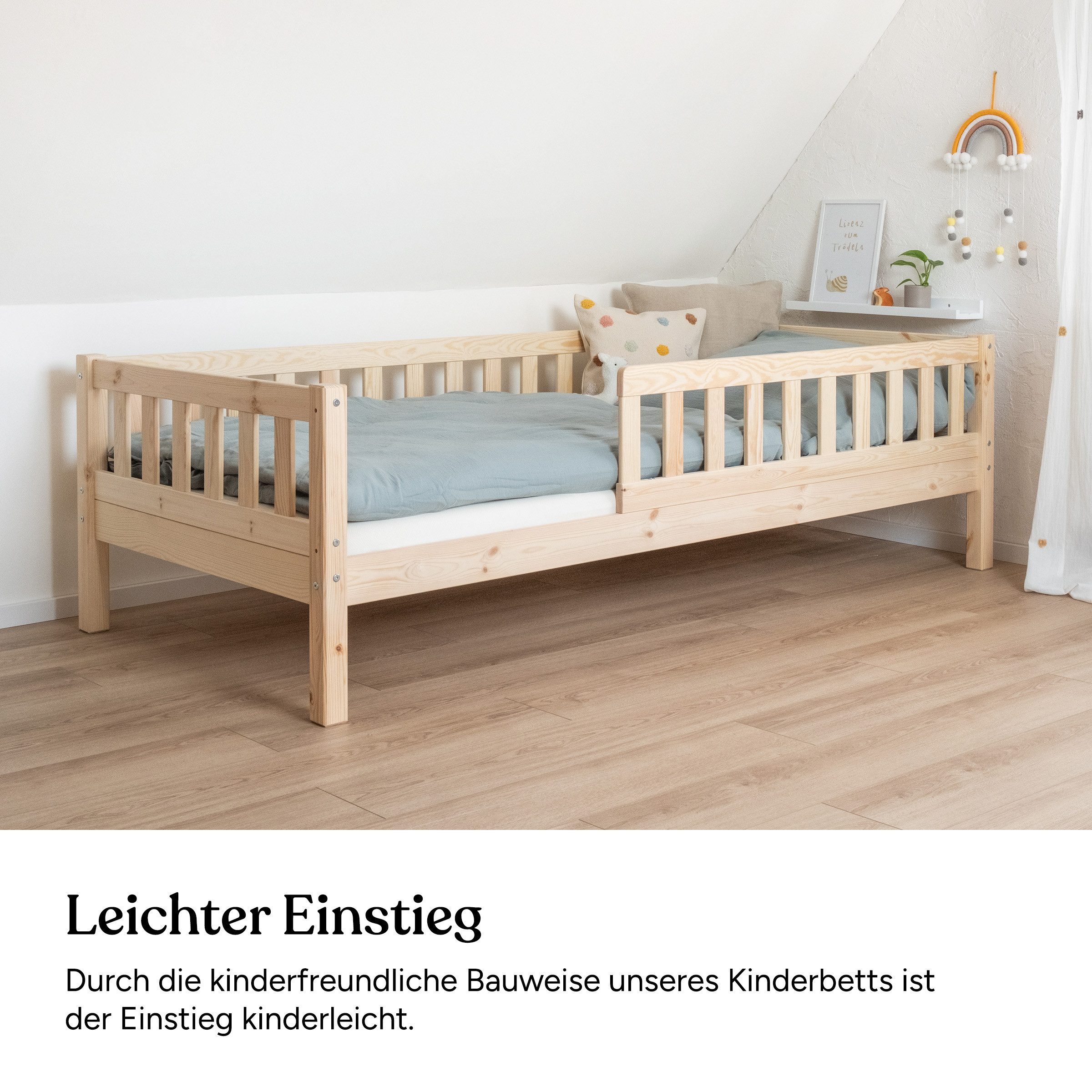 Ehrenkind Kinderbett Lille aus massivem Kieferholz inkl. Rollrost und Rausfallschutz (90x200 cm Natur, 2-in-1: Mit optionalem Umbauset zum Bodenbett umbaubar),  – Bild 4 von 5
