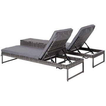 Outsunny Gartenliege Möbelsets, dreiteiliges Set Sonnenliege Teetisch Metall PE-Rattan Grau