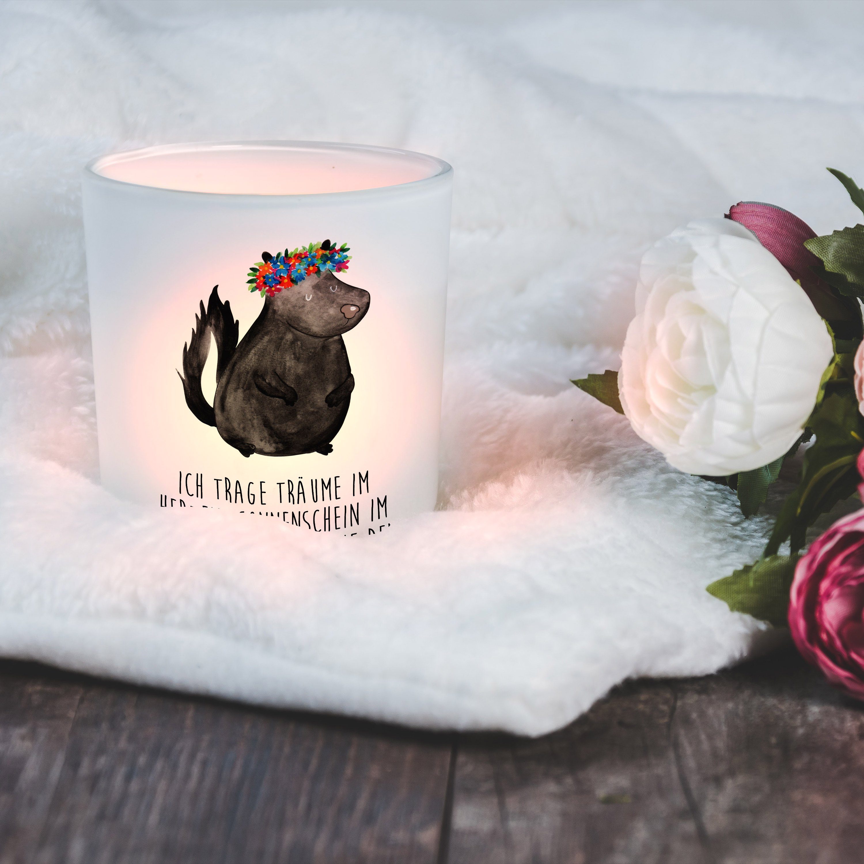 Mr. & Mrs. Panda Windlicht Stinktier Blumenmaedchen - Transparent - Geschenk, Lebe, Windlicht Ke (1 St)