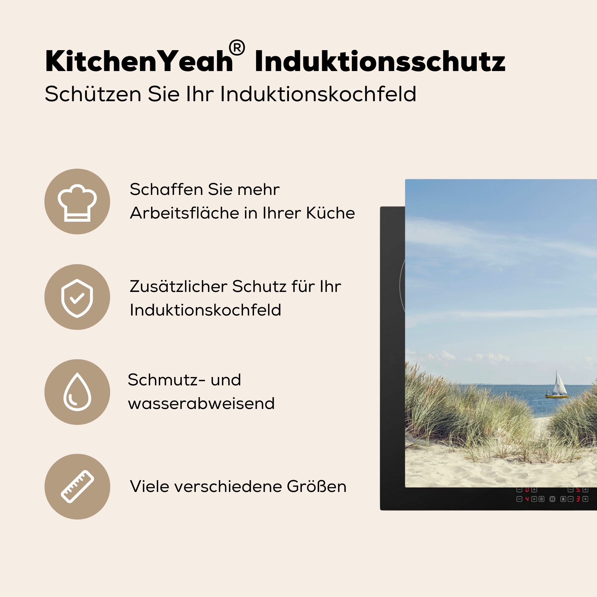 MuchoWow Herdblende-/Abdeckplatte (1 Arbeitsplatte Nordsee Dünen - Vinyl, 78x78 küche für Ceranfeldabdeckung, Boot, cm, tlg), 