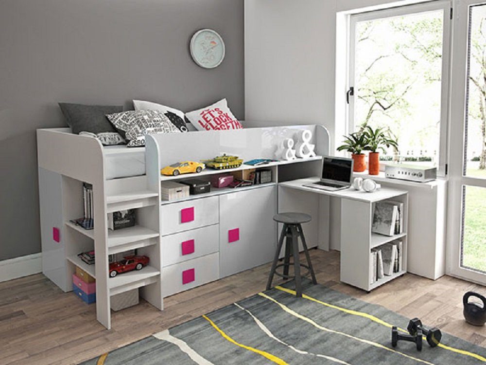Feldmann-Wohnen Hochbett TOLEDO 1 (Etagenbett mit Schreibtisch + 2 Schränke) Farbe wählbar weiß / weiß Hochglanz - Griffe pink