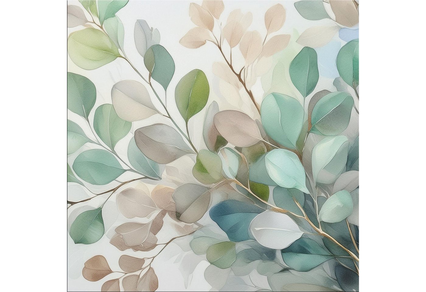 artissimo Glasbild Bild aus Glas 50x50 cm / Wandbild Quadratisch / Wanddeko modern, Natur: Eukalyptusblätter Aquarell in salbei grün
