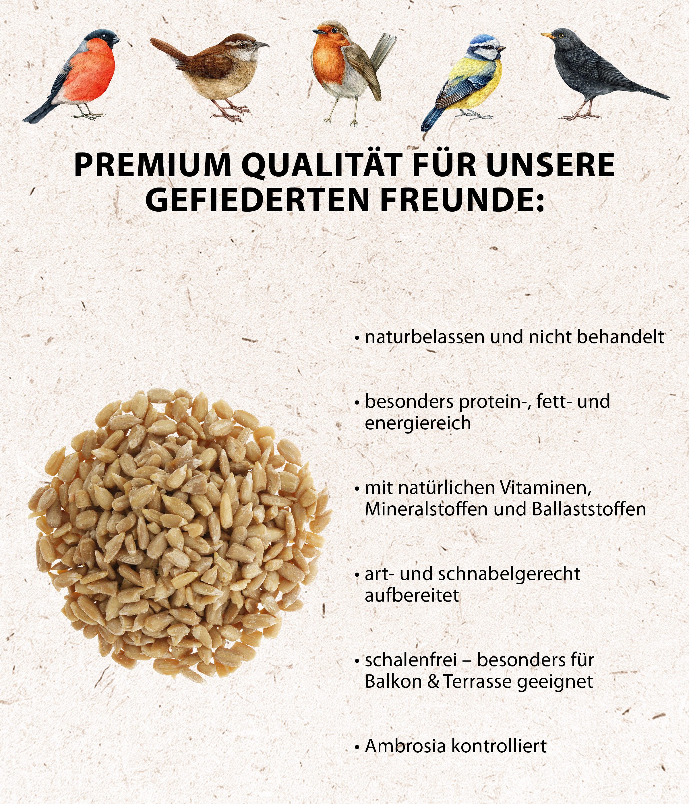 Dehner Natura Premium Sonnenblumenkerne, Wildvogelfutter geschält, Ergänzungsfutter für: Gartenvögel, Wildvogel, hochwertiges Futter, für Meise, Gimpel, Grünfink