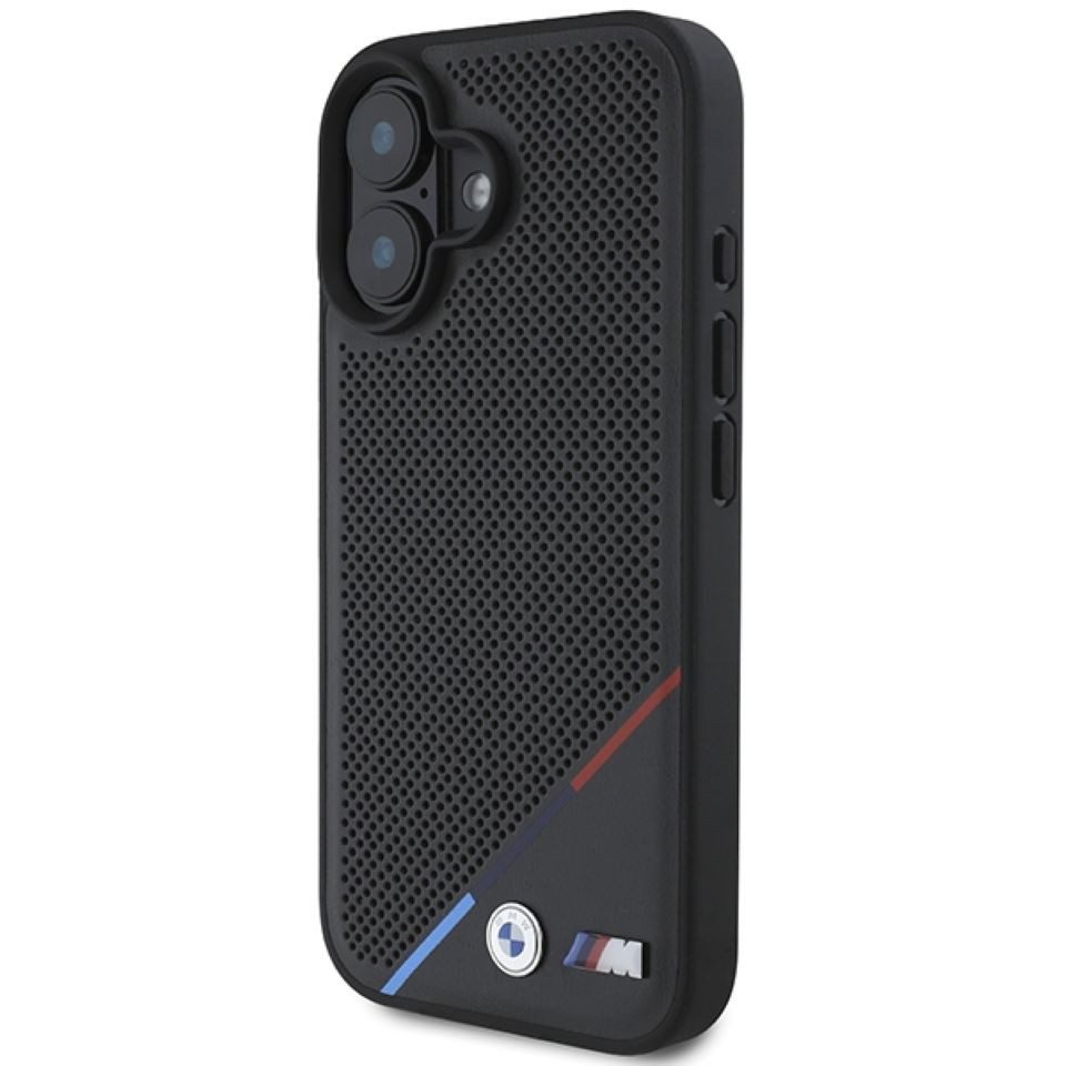 BMW Handyhülle iPhone 16 Kunstleder Tricolor schwarz MagSafe Logo Meta 6,1 Zoll, Kantenschutz