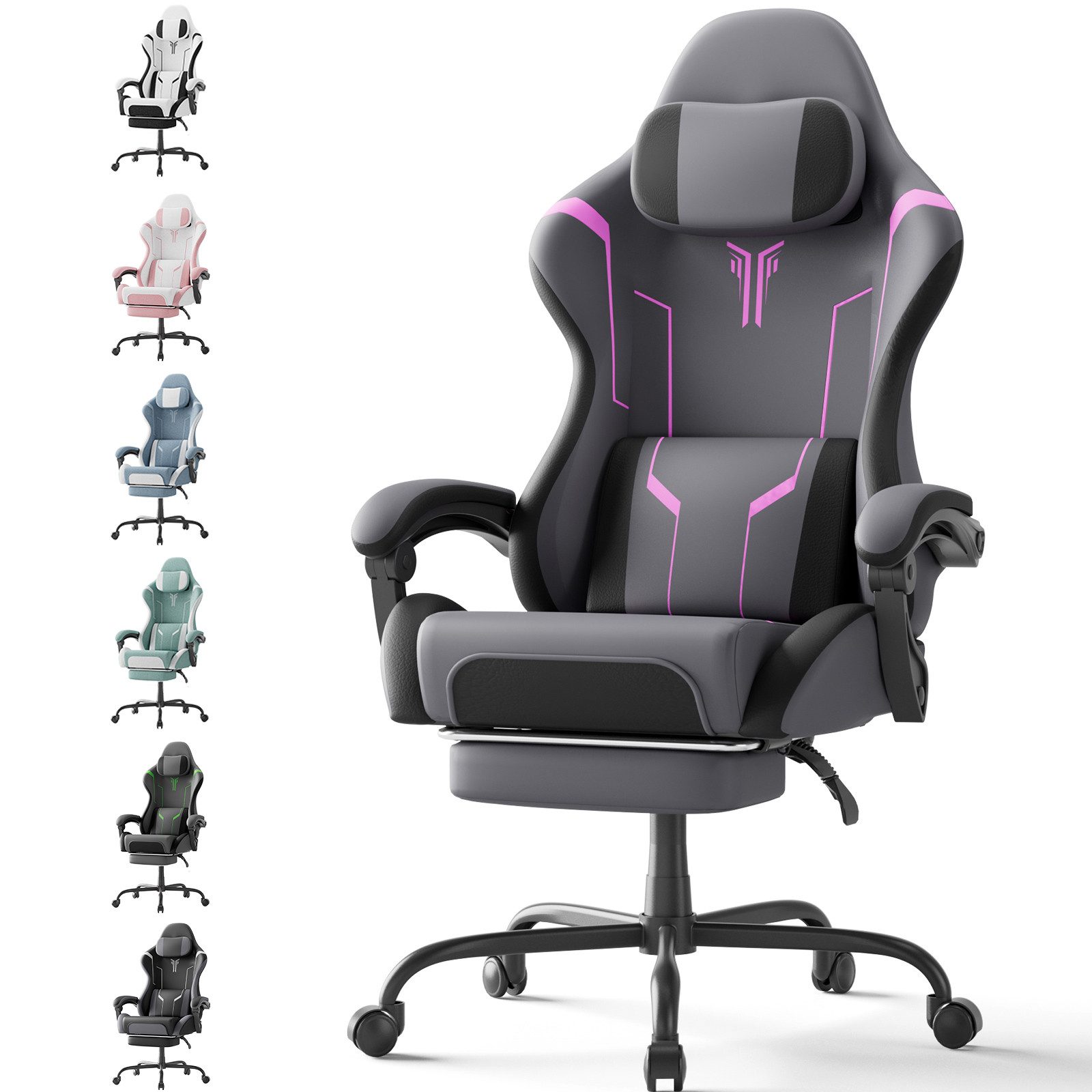 Ferghana Gaming-Stuhl mit Massagefunktion Gaming Chair mit Fußstütze und Kopfkissen (bis zu 135° Neigbar 150 kg Belastbarkeit), Gaming Sessel Rückenlehne