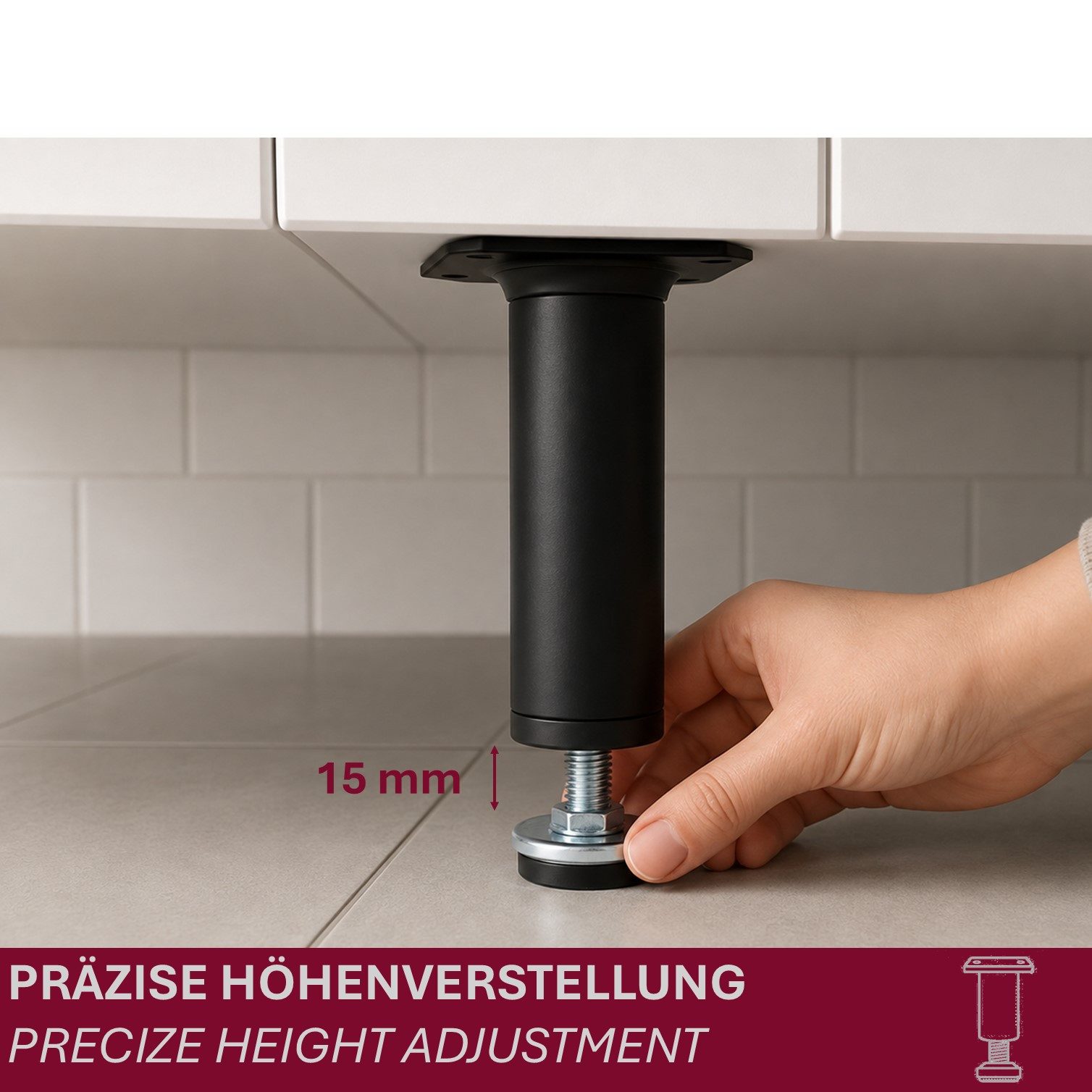 HOOZ Möbelfuß Edelstahl Schwarz Matt 80mm höhenverstellbar 4er Set Ø30mm, (Set, 4-St., 4er-Set Möbelbeine), Schwarz Matt, Ø 30 mm, höhenverstellbar bis 15 mm – Bild 5 von 5
