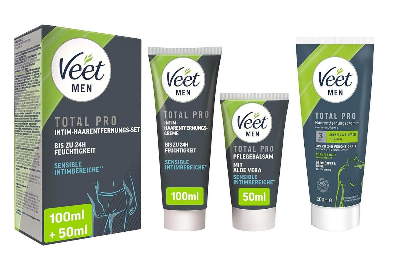 Veet MEN Enthaarungscreme Set mit Creme 100ml & Pflegebalsam 50ml + Creme Power Effect 200ml, Haarentfernungs-Set, 3 St., für den ganzen Körper, inkl. sensiblen Intimbereich