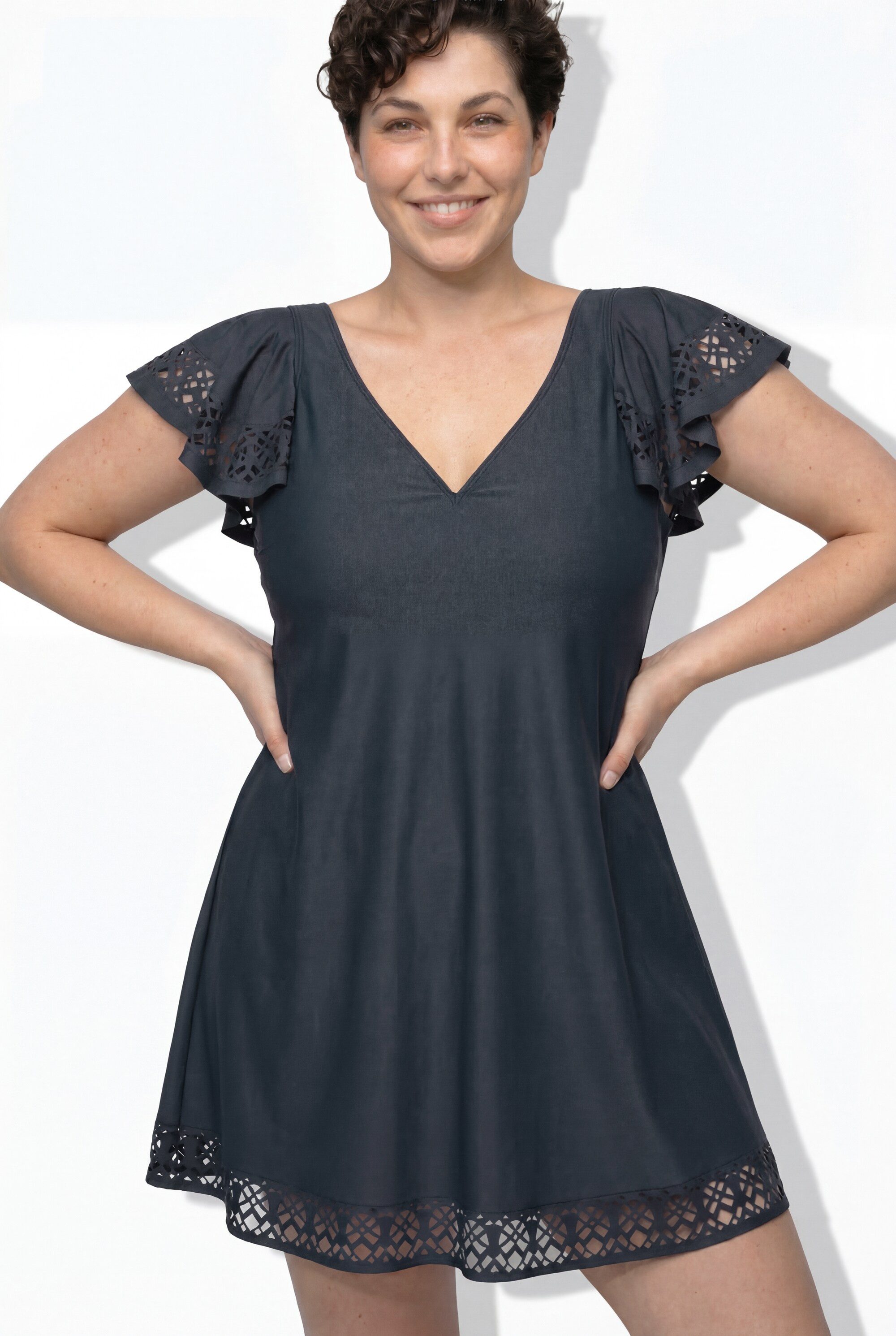 Ulla Popken Badekleid Badekleid Flügelärmel Softschalen Lasercut-Muster