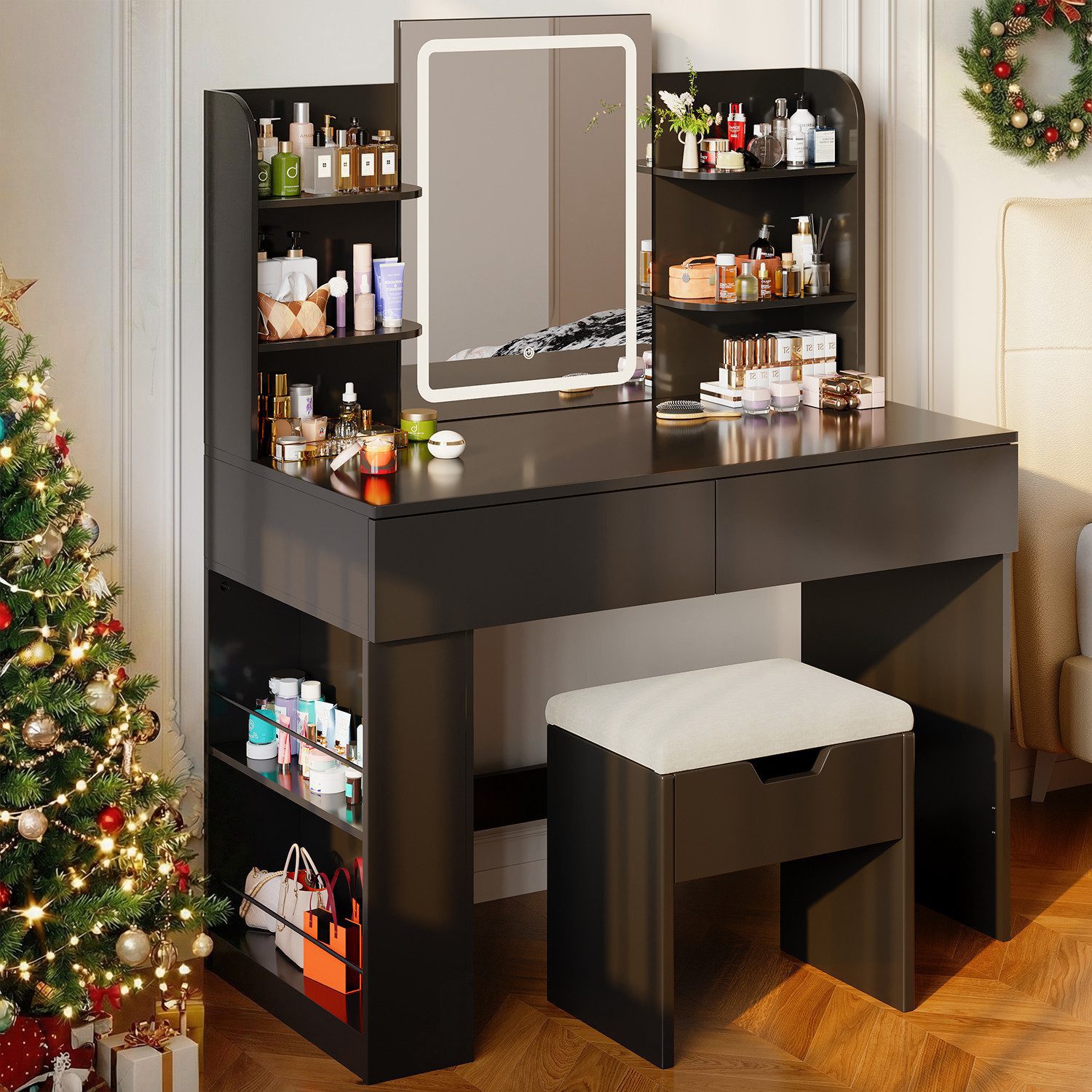 Furnicopia Schminktisch 90/110 cm, LED-Beleuchtung mit einstellbarer Helligkeit, Stauraum (Mit 8 Ablagefachern, 2 Schubladen (beidseitig austauschbar)und optionalem Hocker.Erhältlich in Weiß und Schwarz)