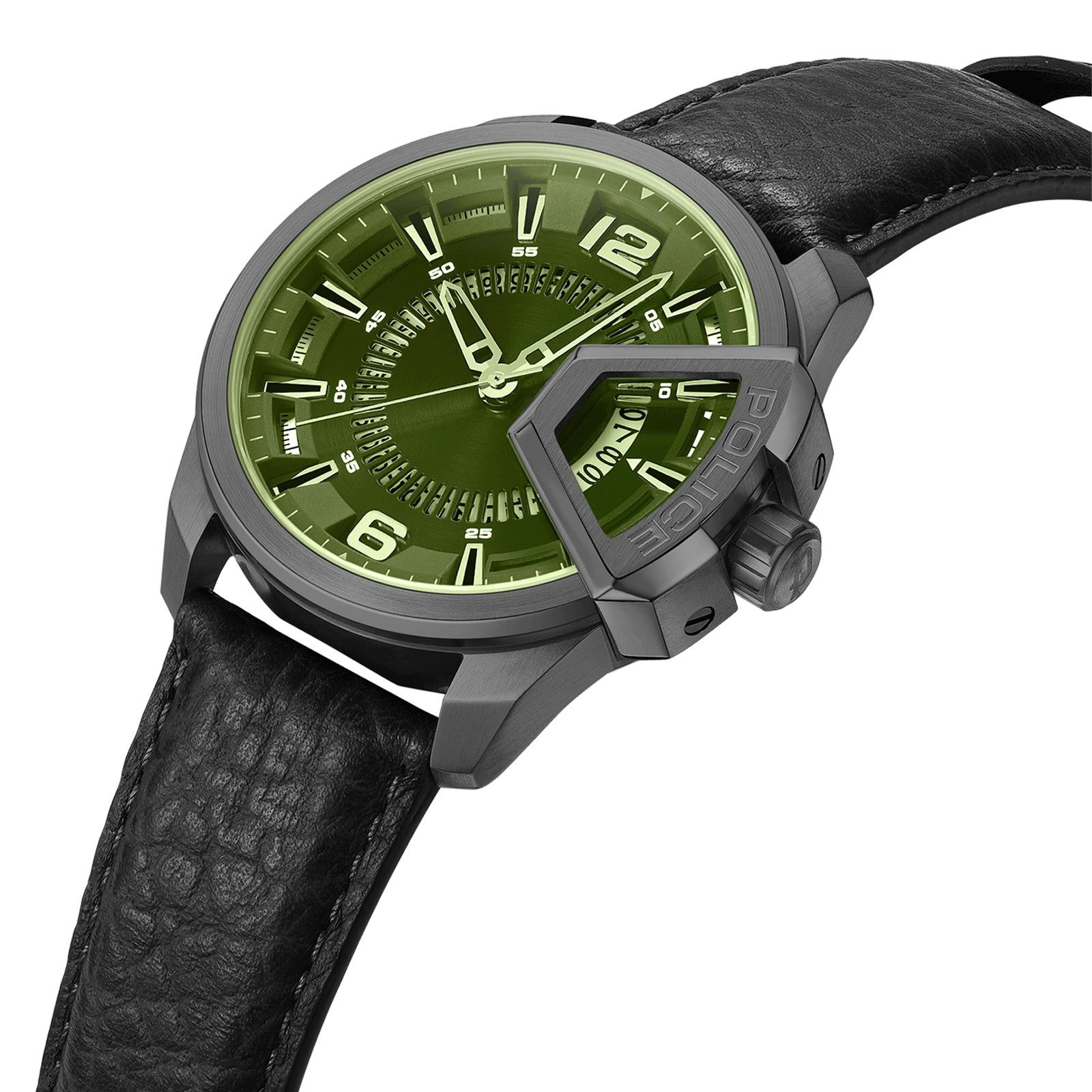 Police Quarzuhr Police Herrenuhr Leder schwarz, (Analoguhr), Herrenuhr rund, extra groß (ca. 46x53mm) Lederarmband