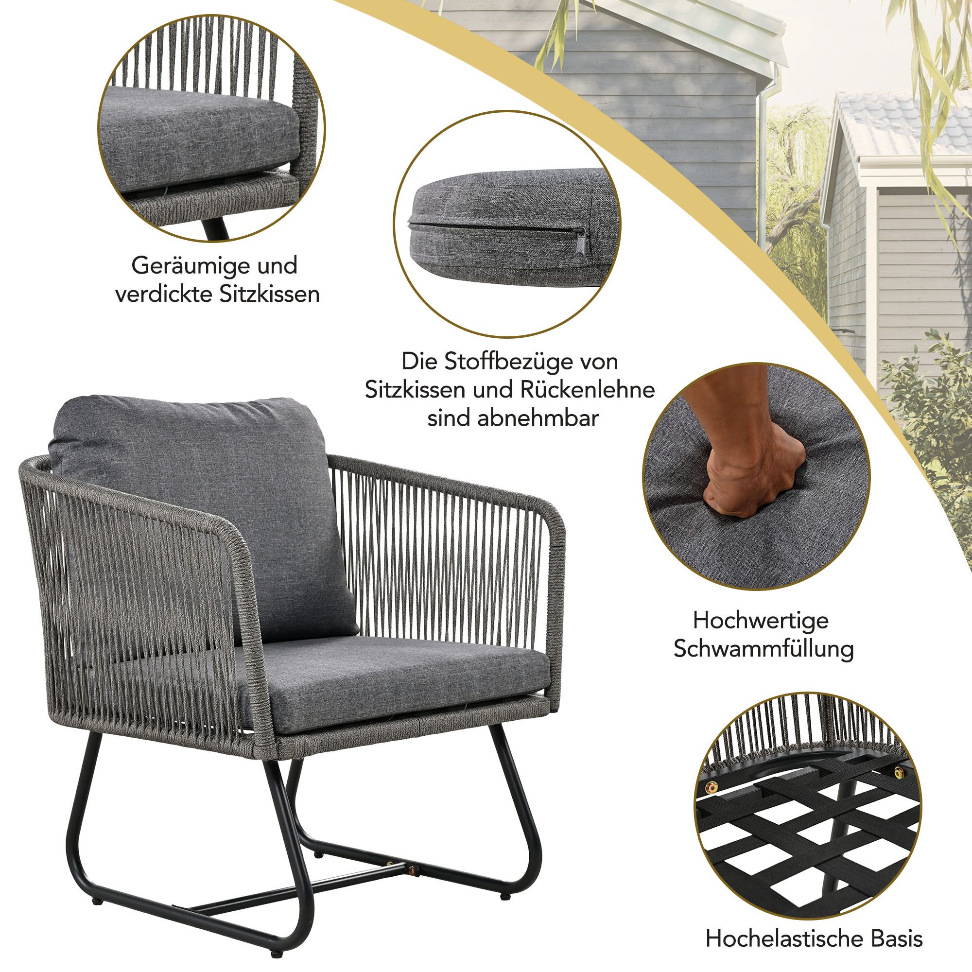 Flieks Gartenlounge-Set, (5-tlg), 5-Sitzer Gartenmöbel aus Seil mit 3-Sitzer Sofa*1 + Stuhl*2 + Tisch*2