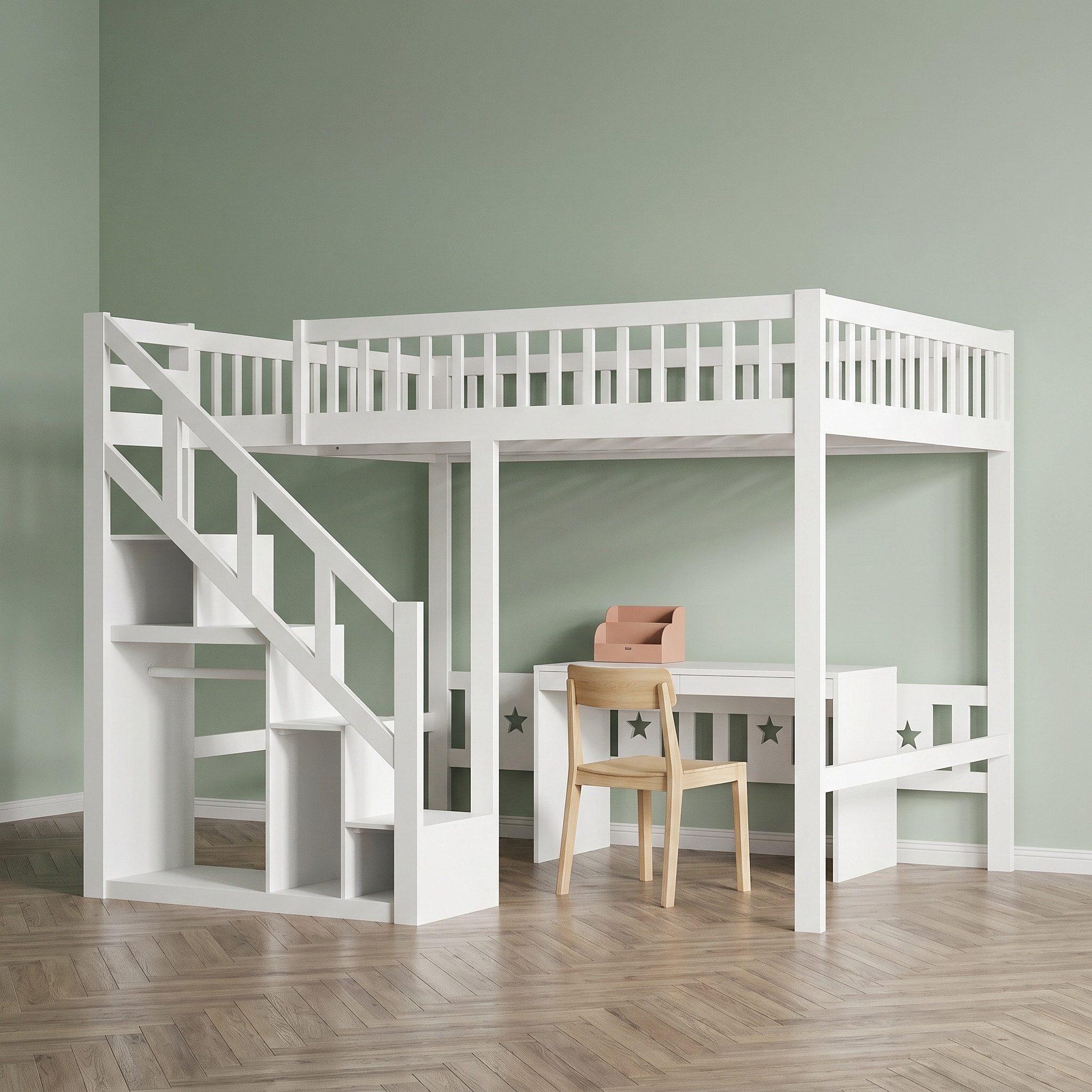 FUROKOY Etagenbett Kinderbett Hochbett mit Treppe und Absturzsicherung, Holzbett 90x200cm,Rausfallschutz und Holzlattenrost,Kiefer, Weiß – Bild 5 von 5