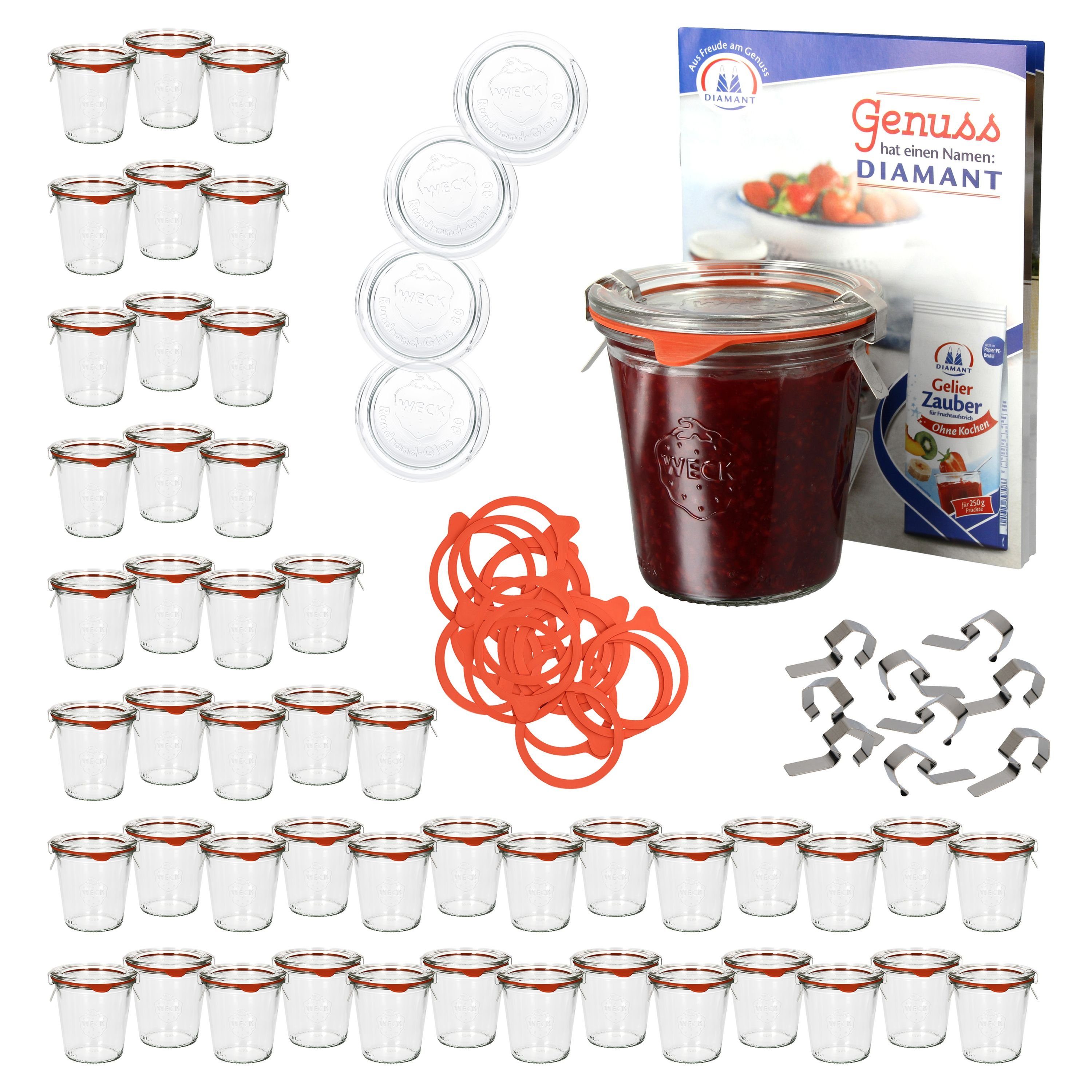 Einmachglas 48er Set Weck Sturzgläser 290ml hoch,Glasdeckel,Einkochringe+Klammern