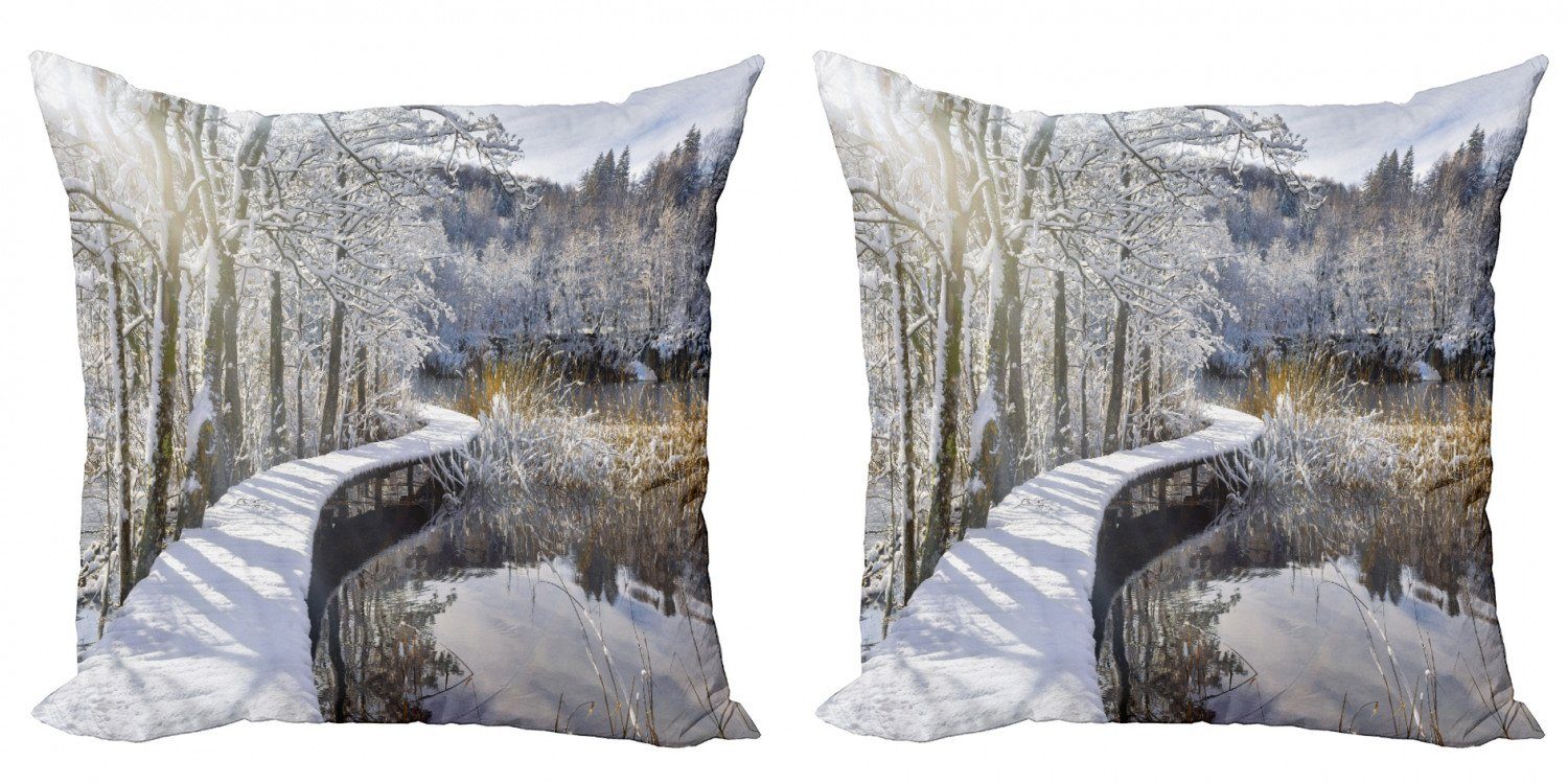 Kissenbezüge Modern Accent Doppelseitiger Digitaldruck, Abakuhaus (2 Stück), Winter Schnee bedeckte Pfad im Wald