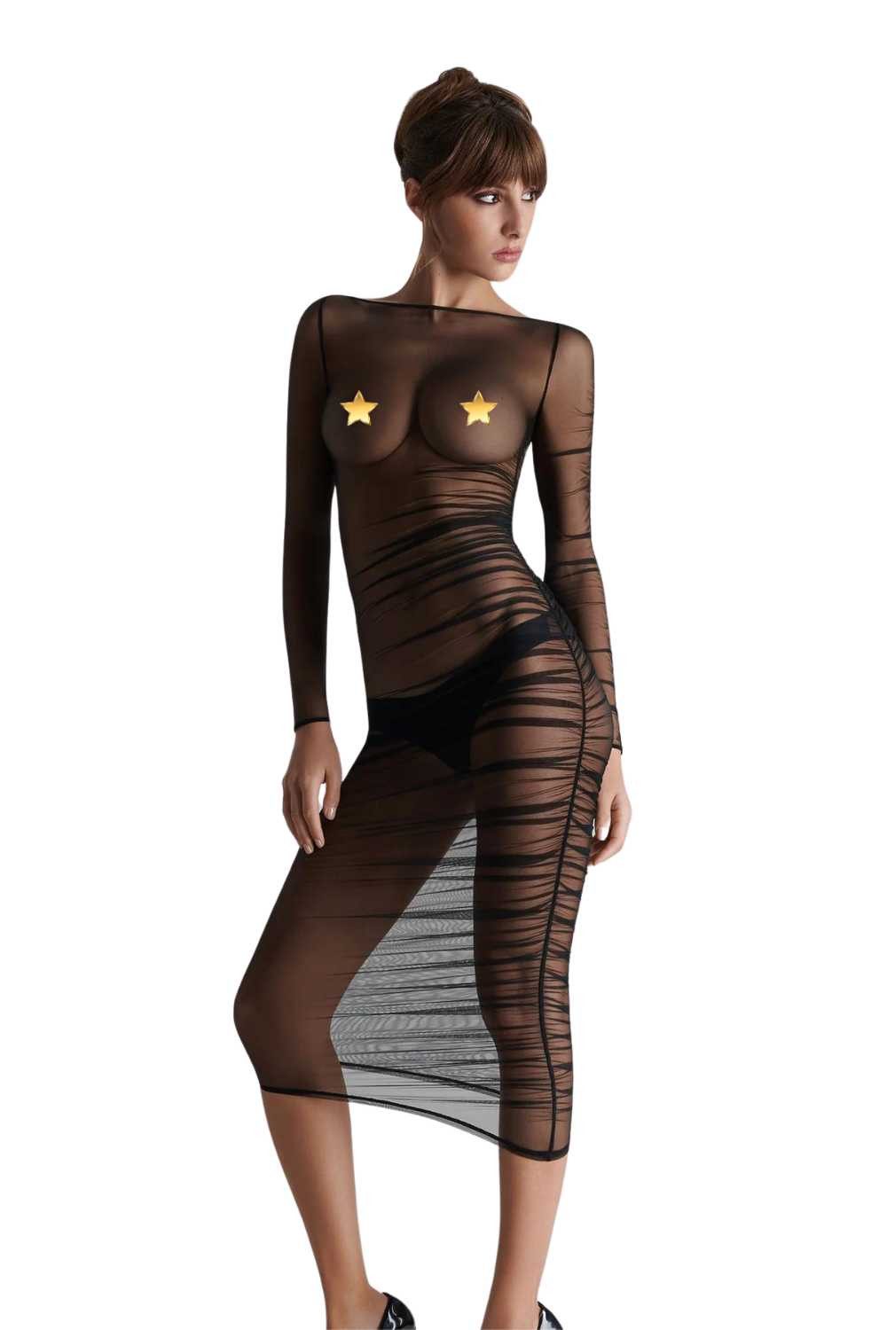 Maison Close Minikleid Nuit Fauve - transparentes Midikleid mit Raffungen
