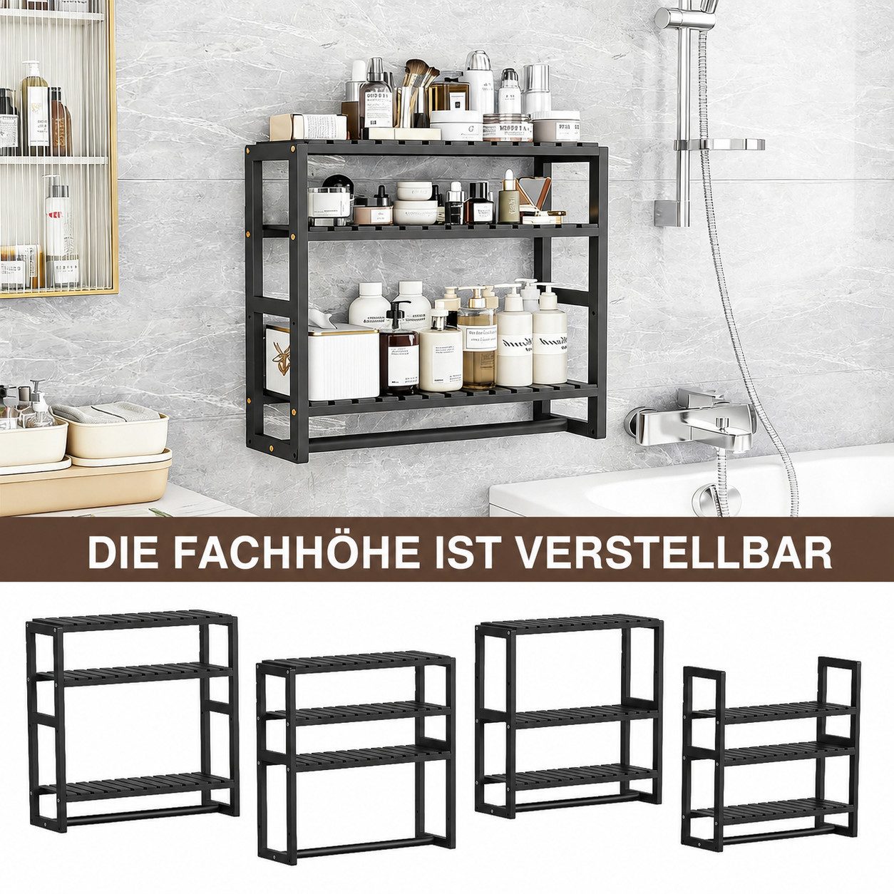 BlingBin Badregal Bambus Badezimmerregal mit 3 Ablagen und Handtuchstange, Wandmontage, Wandregal, 3 Ebenen Regal, Badezimmer Organizer, Bad Organizer 1-tlg., 4 – Bild 4 von 5