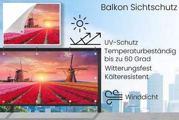 MuchoWow Balkonsichtschutz Blumen - Windmühle - Tulpen - Sonnenuntergang - Rosa (1-St) Balkonbanner, Sichtschutz für den Balkon, Robustes und wetterfest