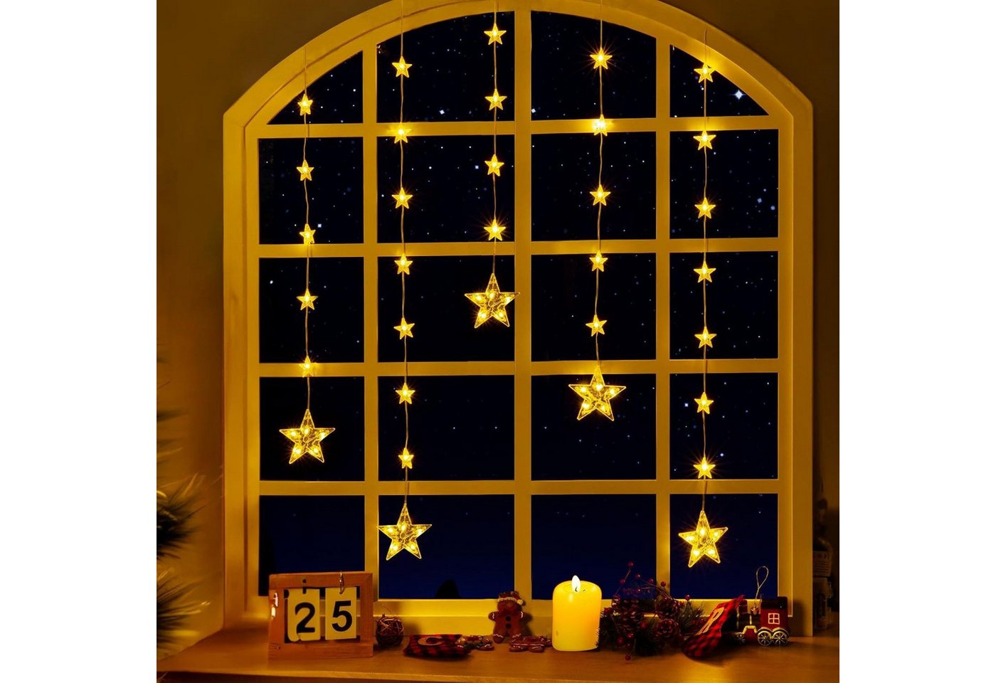 Quntis LED-Lichterkette Weihnachtsdeko Fenster Stern, beleuchtete Weihnachtsbeleuchtung, Lichterkette Sterne mit Timer Innen/Außen, Weihnachtsstern Fensterdeko