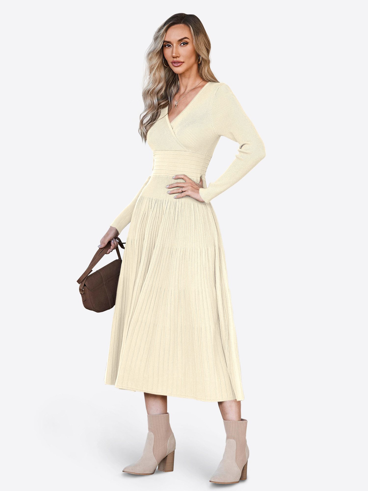Imily Bela Strickkleid Damen Langarm Midi Pullover Kleid Wrap V-Ausschnitt (Packung, 1-tlg., 1per-Pack) Faltenrock