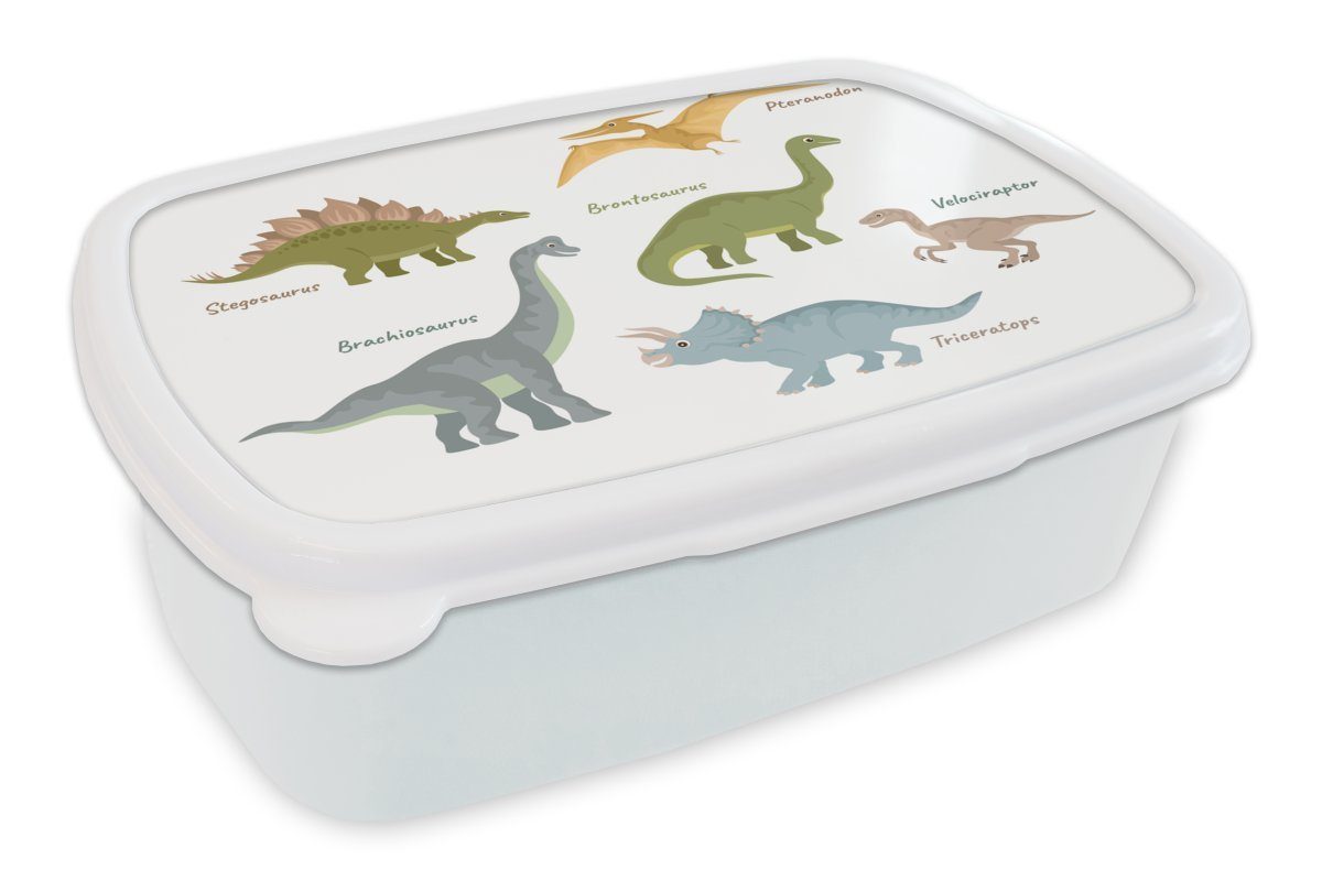 MuchoWow Lunchbox Dinosaurier - Jura - Kinderzimmer, Kunststoff, (2-tlg), Brotbox für Kinder und Erwachsene, Brotdose, für Jungs und Mädchen weiß