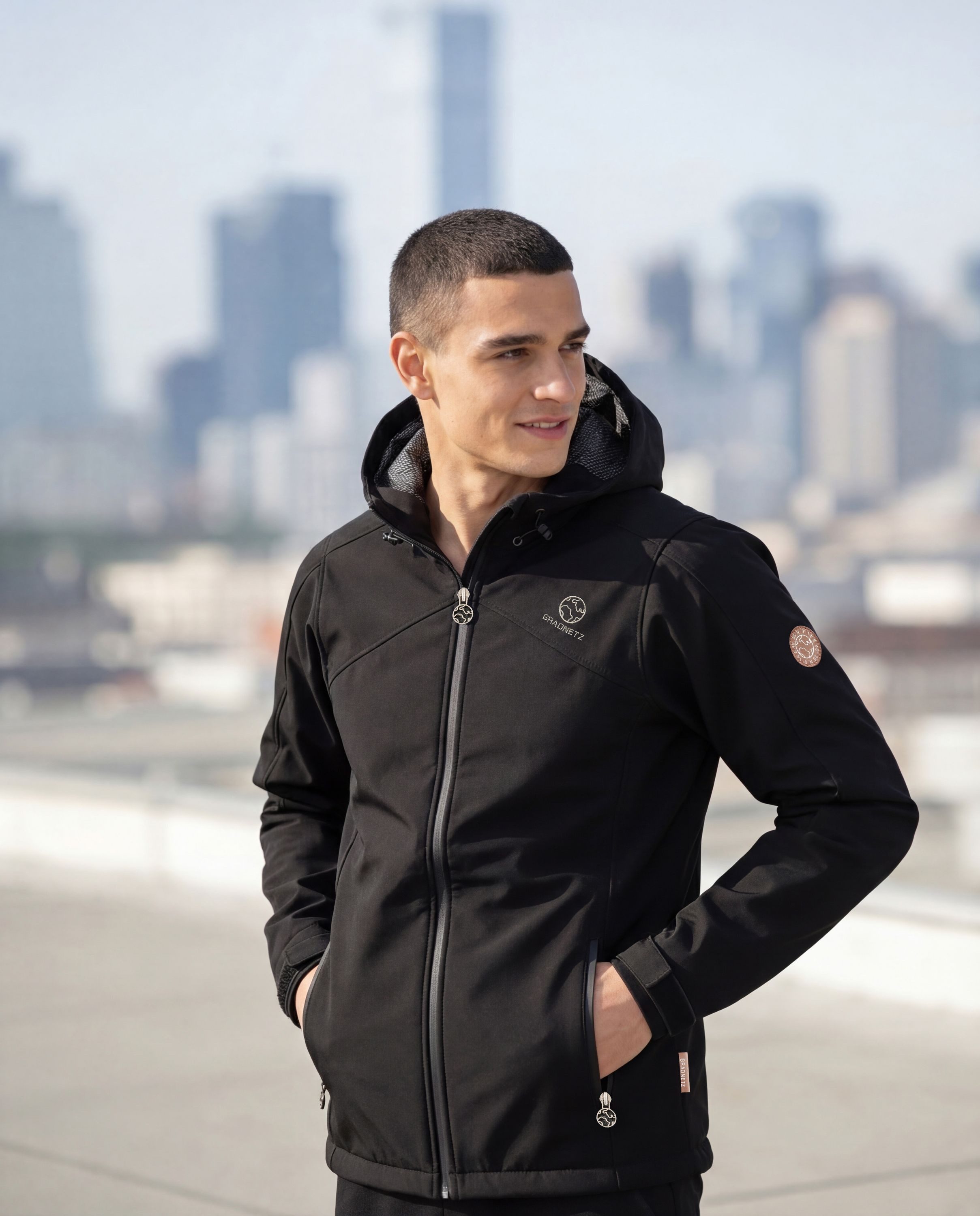 Gradnetz Softshelljacke Herren schwarz (1-St) Kapuze mit Gummizug
