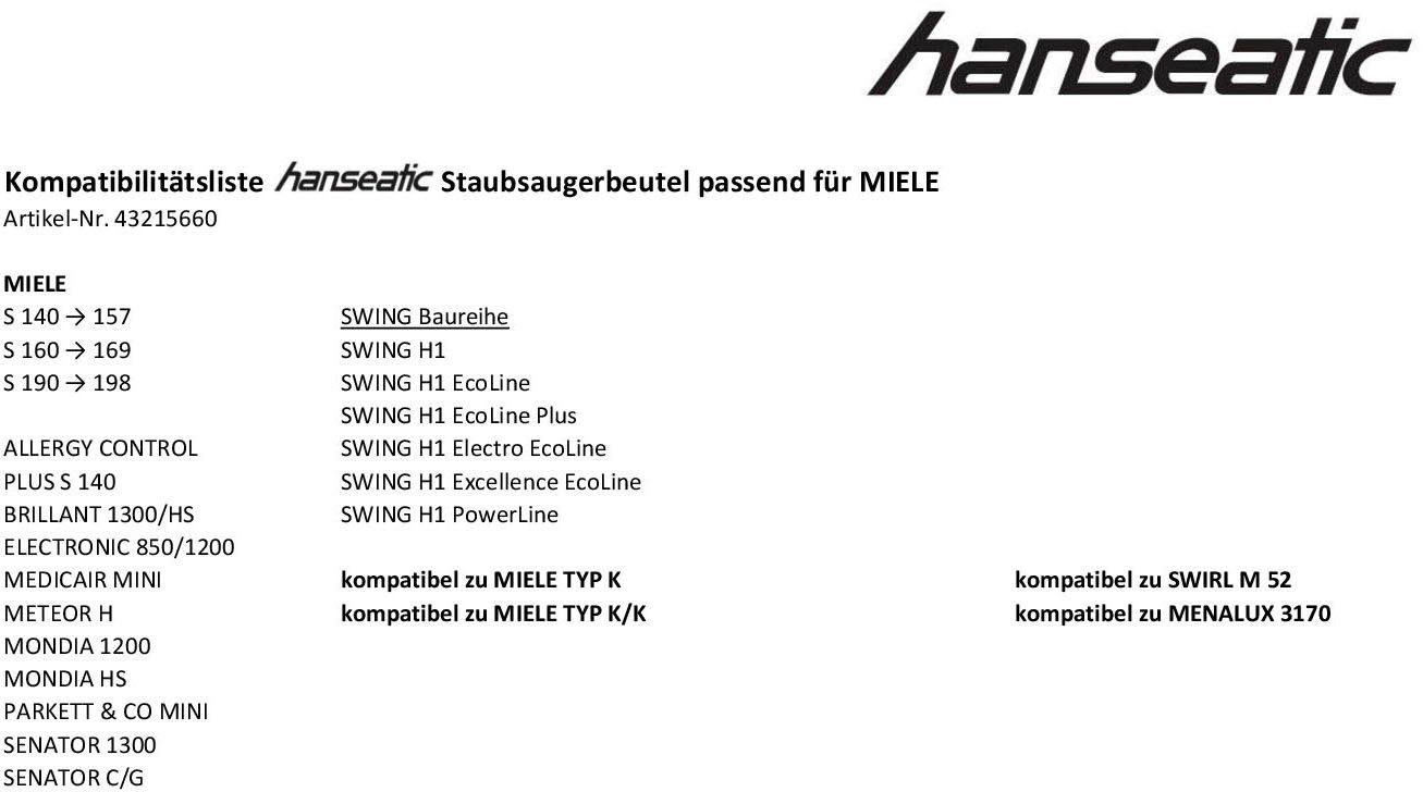 Hanseatic Staubsaugerbeutel, und Handstaubsauger 10 140 passend Staubsaugerbeutel, 140 H1 für S Swing MIELE passend MIELE Swing für 10er-Pack, HANSEATIC passend MIELE MIELE Baureihe für Handstaubsauger H1 Baureihe, S und St