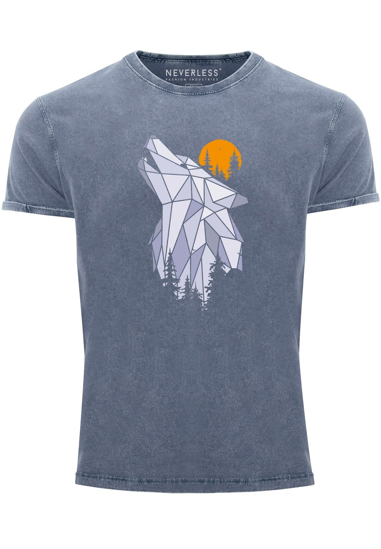 Neverless Print-Shirt Herren Vintage Shirt Polygon Print Wolf Wald Outdoor Adventure Natur T mit Print blau