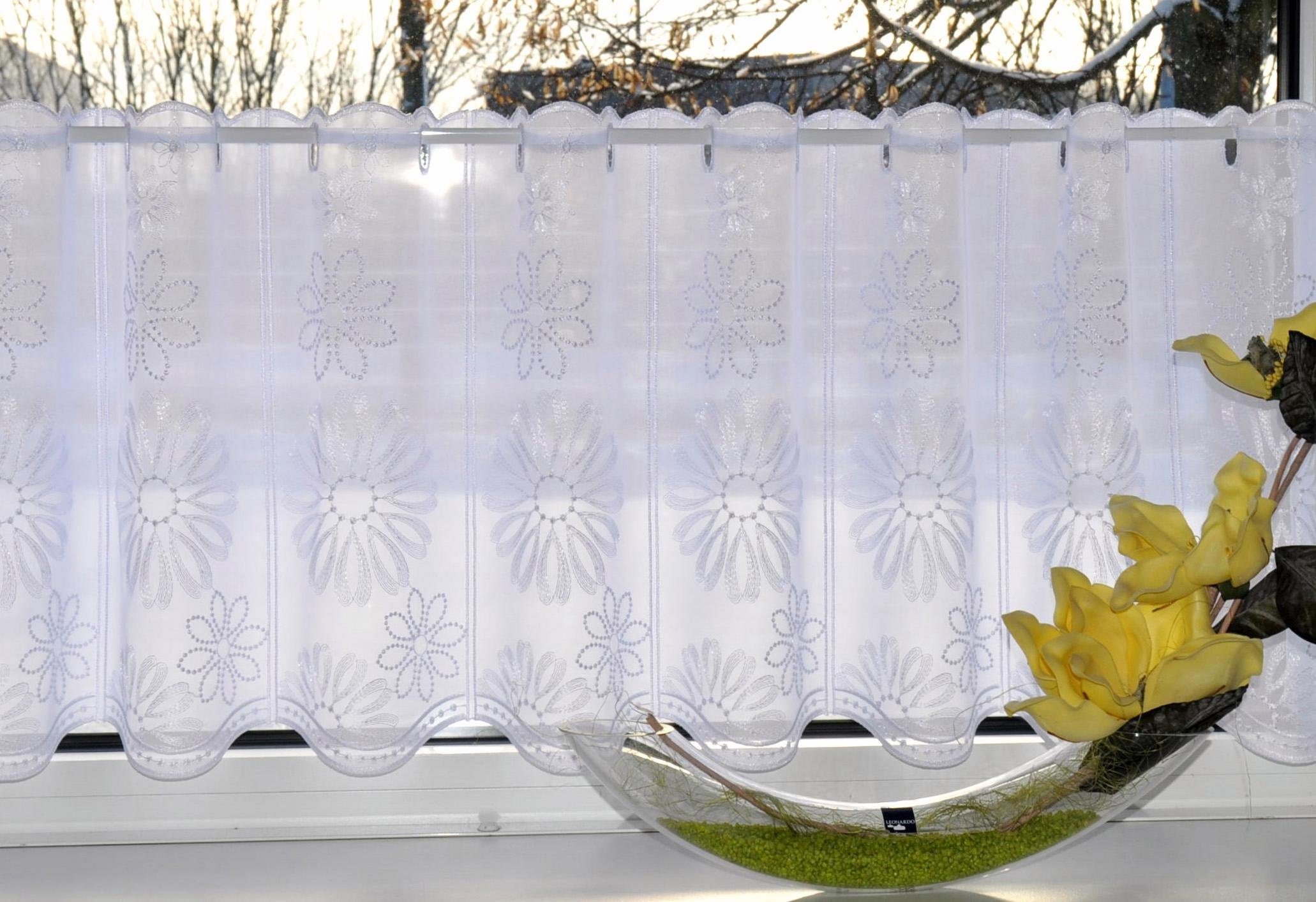 Scheibengardine Lilienzeit, Stickereien Plauen, Stangendurchzug (1 St), transparent, Voile weiß