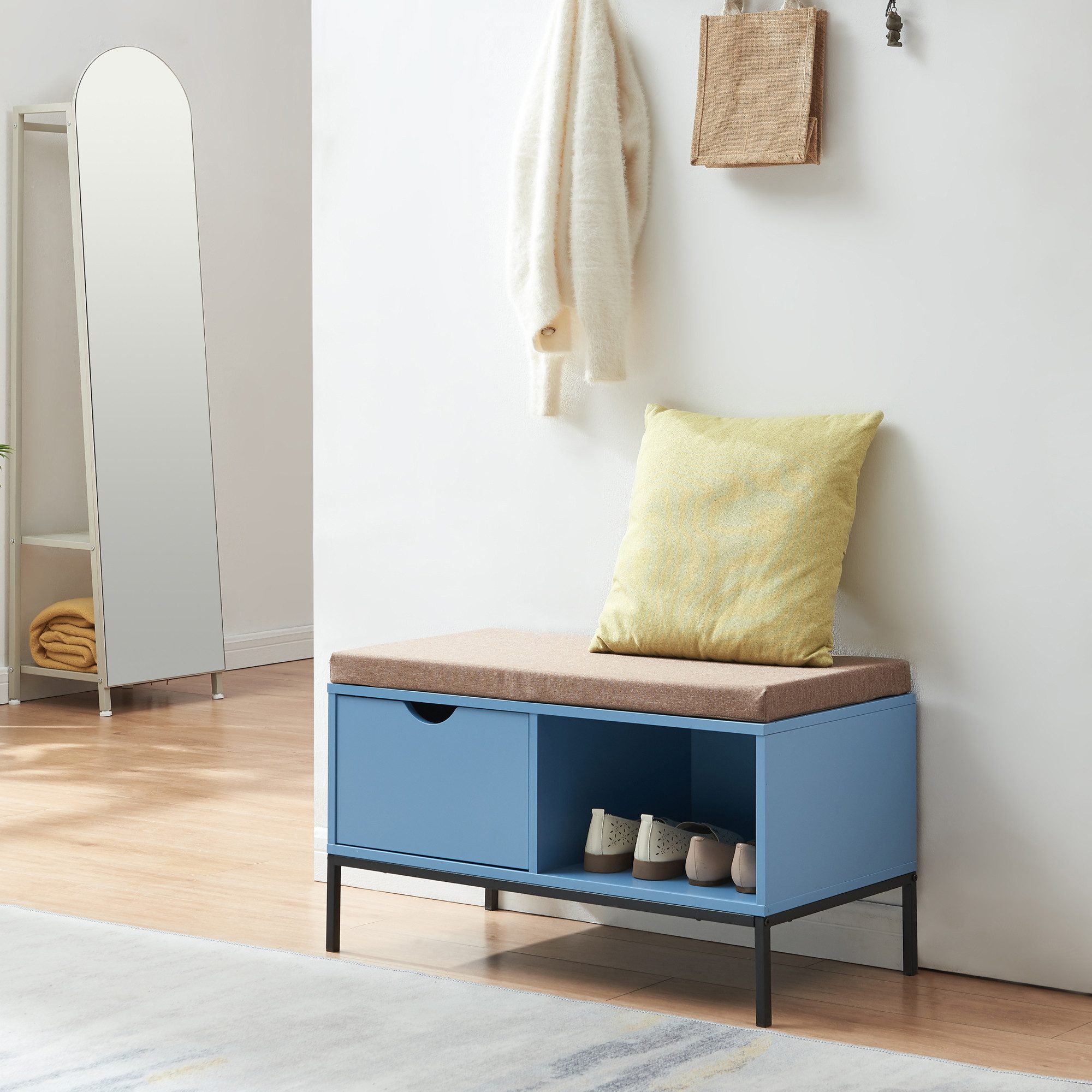 en.casa Schuhbank, »Colwyn« mit Polsterkissen und Schublade 80x40x45 cm Blau