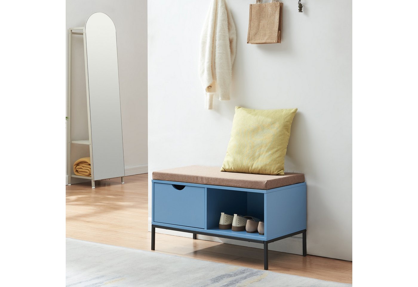 en.casa Schuhbank, »Colwyn« mit Polsterkissen und Schublade 80x40x45 cm Blau