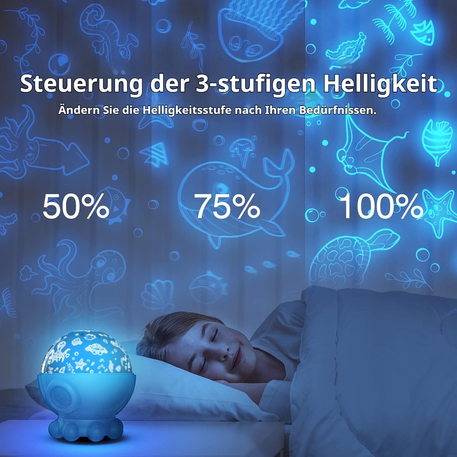 PRIISF Projektionslampe Sternenhimmel Projektor Kinder LED Nachtlicht Baby Nachttischlampe, Aufladbar, Mond Stern Projektor LED Nachtlampe Zimmer Atmosphäre Dekolicht, 360 Grad Projektionslampe Stern, Mond, Meereswelt, Dinosaurier Leuchte, Einschlafhilfe und Entspannung Geschenk für Jungen Mädchen Zimmer Deko