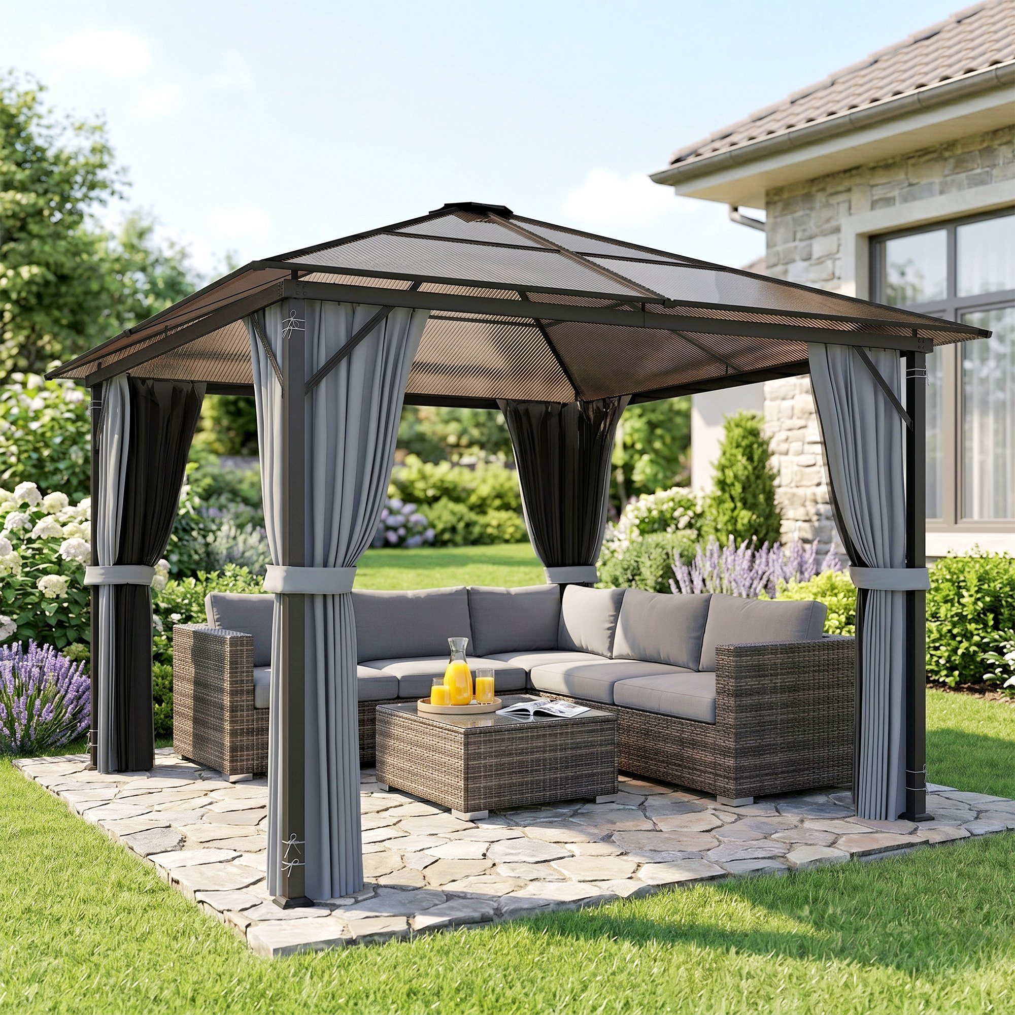 Outsunny Pavillon mit Seitenteilen, PC Dach, mit 4 Seitenteilen, (Partyzelt, Gartenpavillon), für Garten, Balkon, Grau