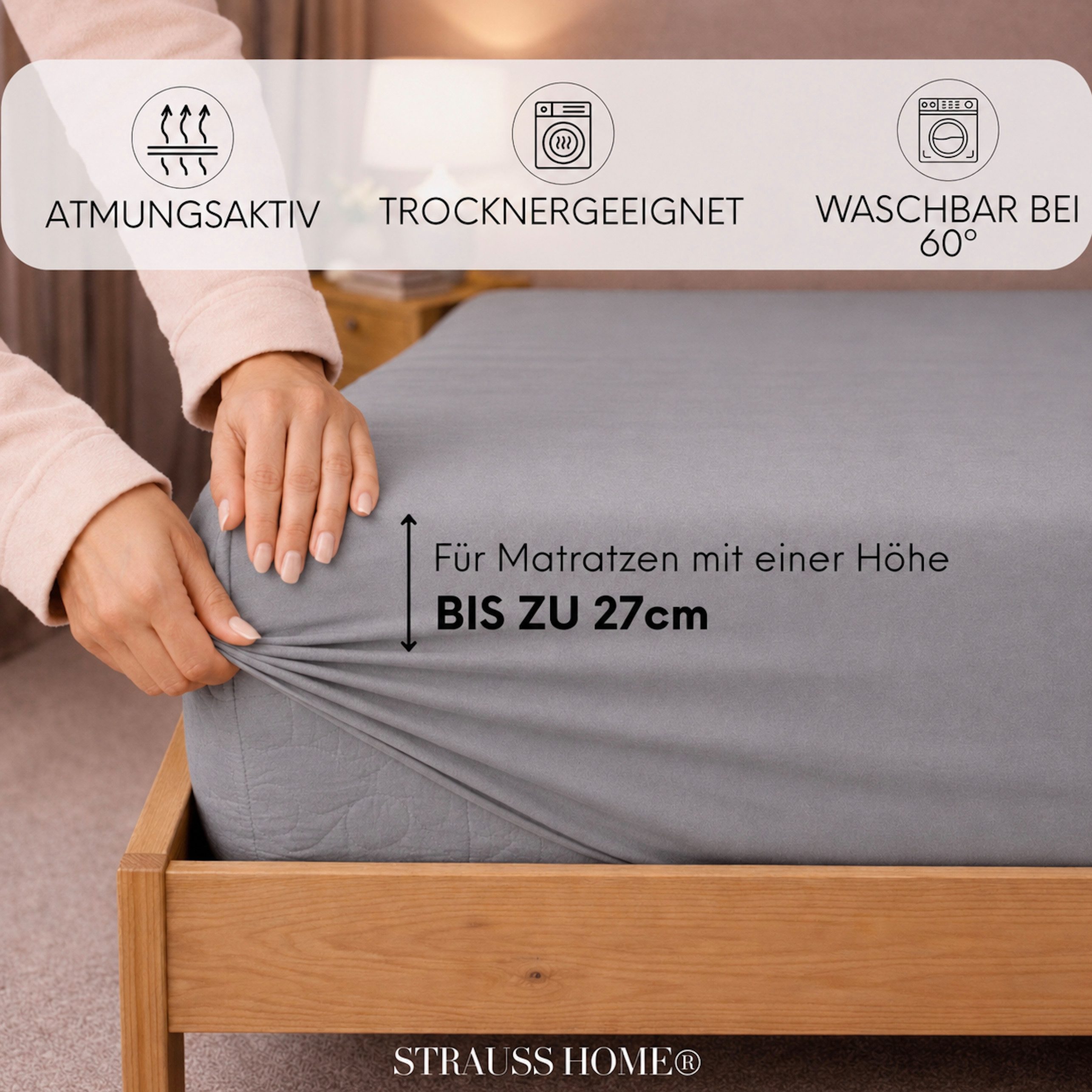 Strauss Home Spannbettlaken Premium 160 g/m² Gekämmte Baumwolle Jersey in Hotelqualität, Gummizug: Rundumgummi, OEKO-TEX®-zertifiziert - Hotelqualität – Formstabil & Langlebig