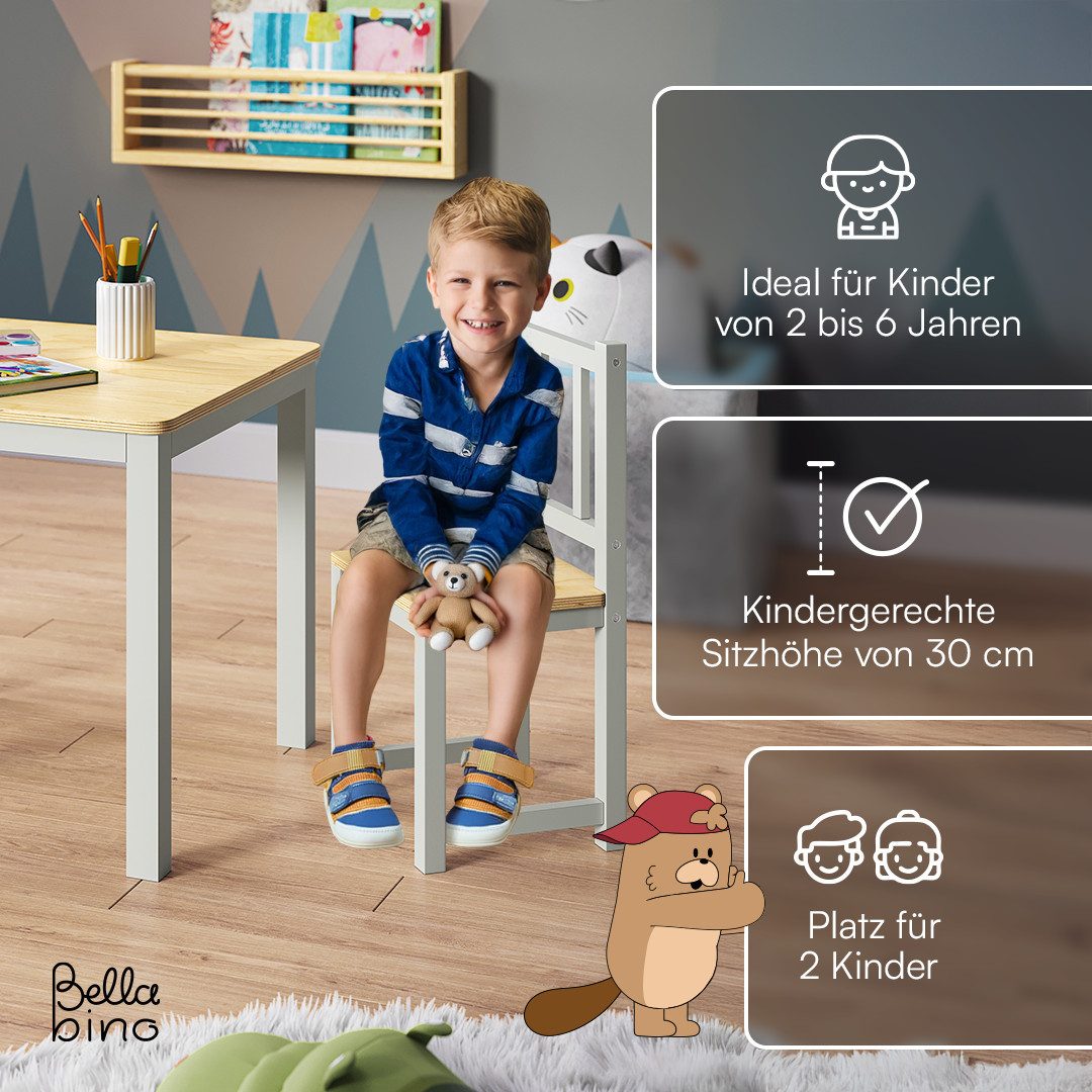 Bellabino Kindersitzgruppe Sora, (2 Stühle und 1 Tisch), Holzsitzgruppe aus Massivholz, abgerundete Ecken, Grau/Natur