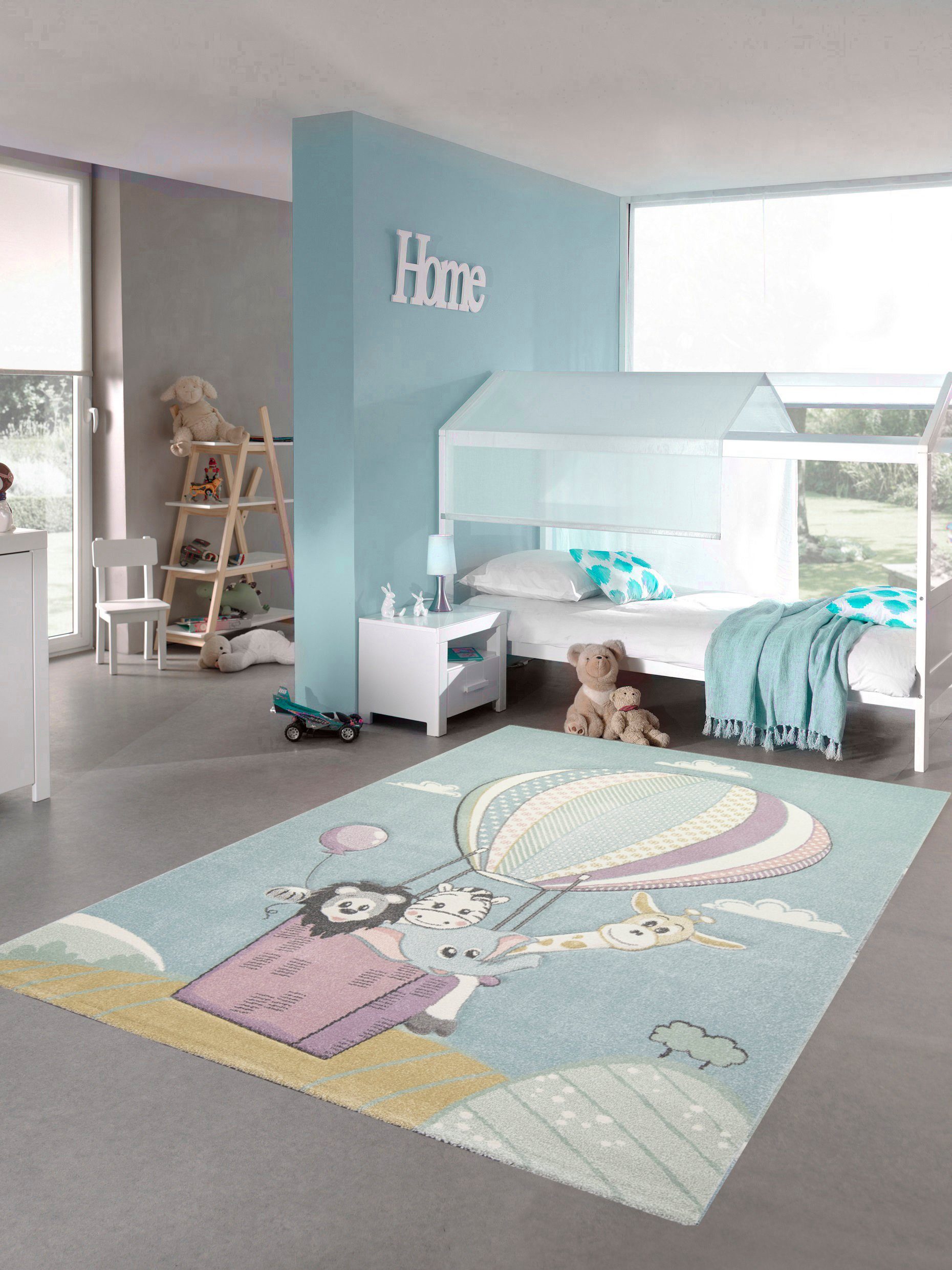 Kinderteppich Kinderteppich Spielteppich Teppich Heißluftballon Tiere in pastell blau, Teppich-Traum, rechteckig, Höhe: 13 mm
