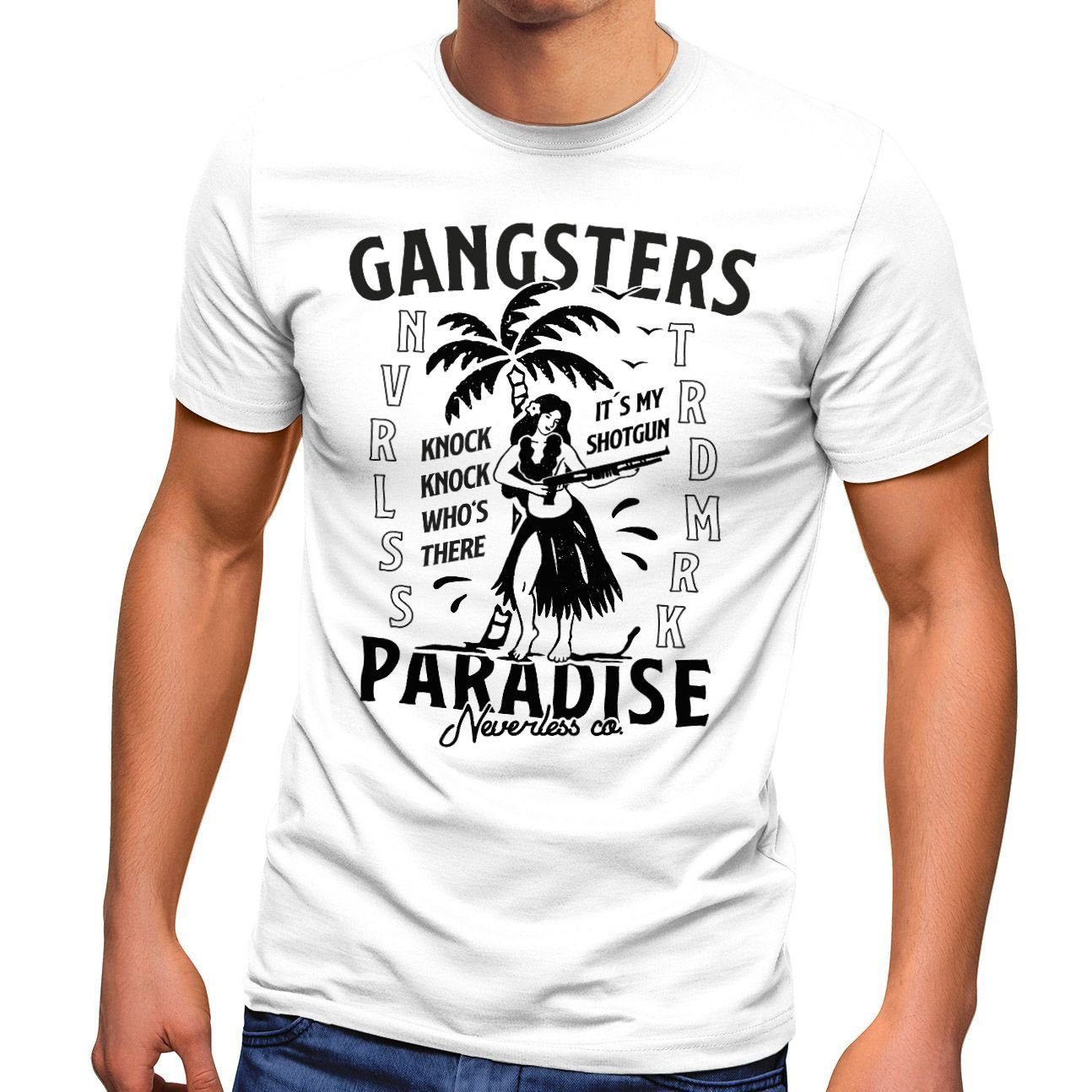 mit Printshirt T-Shirt Fashion Print Gangsters T-Shirt weiß Print-Shirt Neverless Rapper Rap Herren Neverless® Streetstyle Paradise