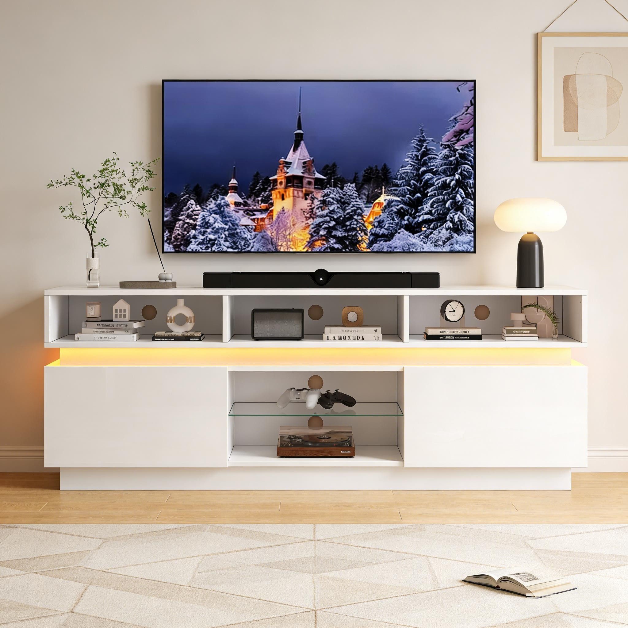 OKWISH TV-Schrank Hochglanz-Lowboard mit LED-Beleuchtung (Packung, 1-St., Aus MDF, für TVs bis 60 Zoll geeignet) TV-Ständer 160x35x60cm mit Glasablage in Weiß