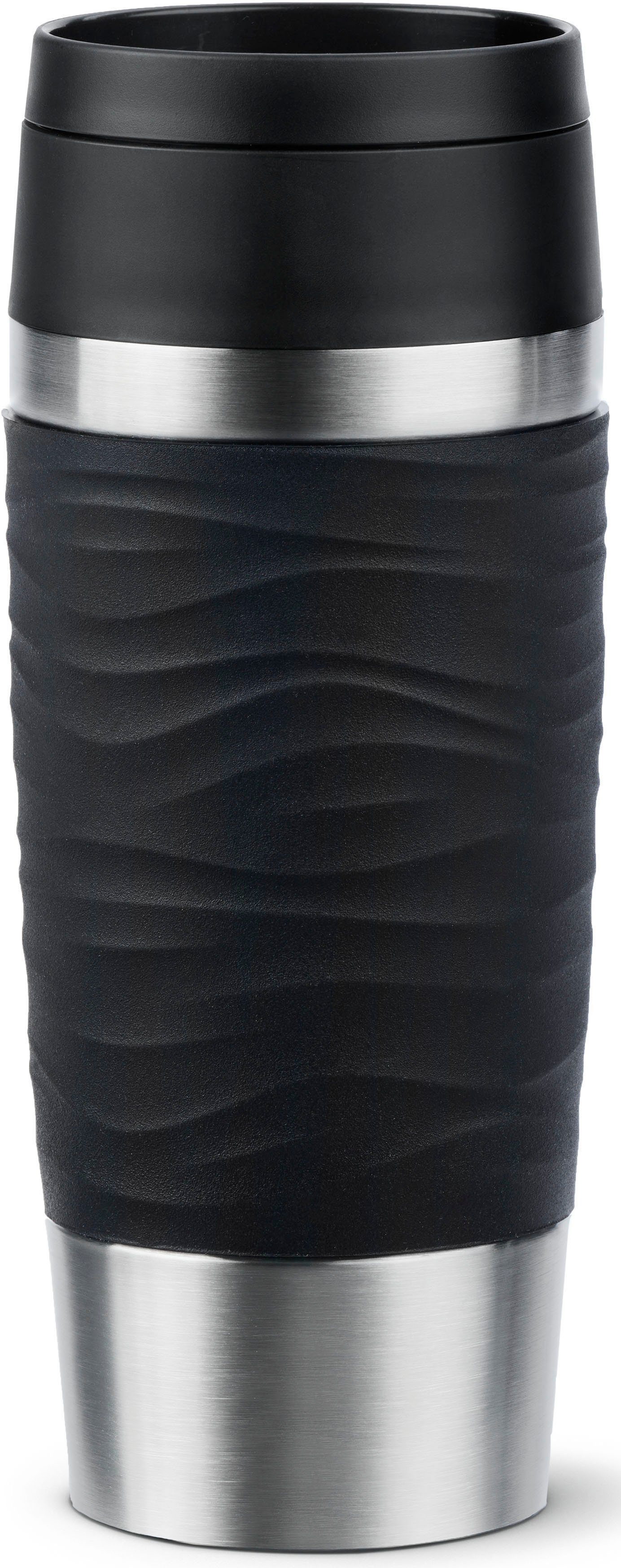 Emsa Thermobecher Travel Mug Classic Wave, Edelstahl, Kunststoff, Silikon, 100% dicht, spülmaschinenfest, 360°-Trinköffnung