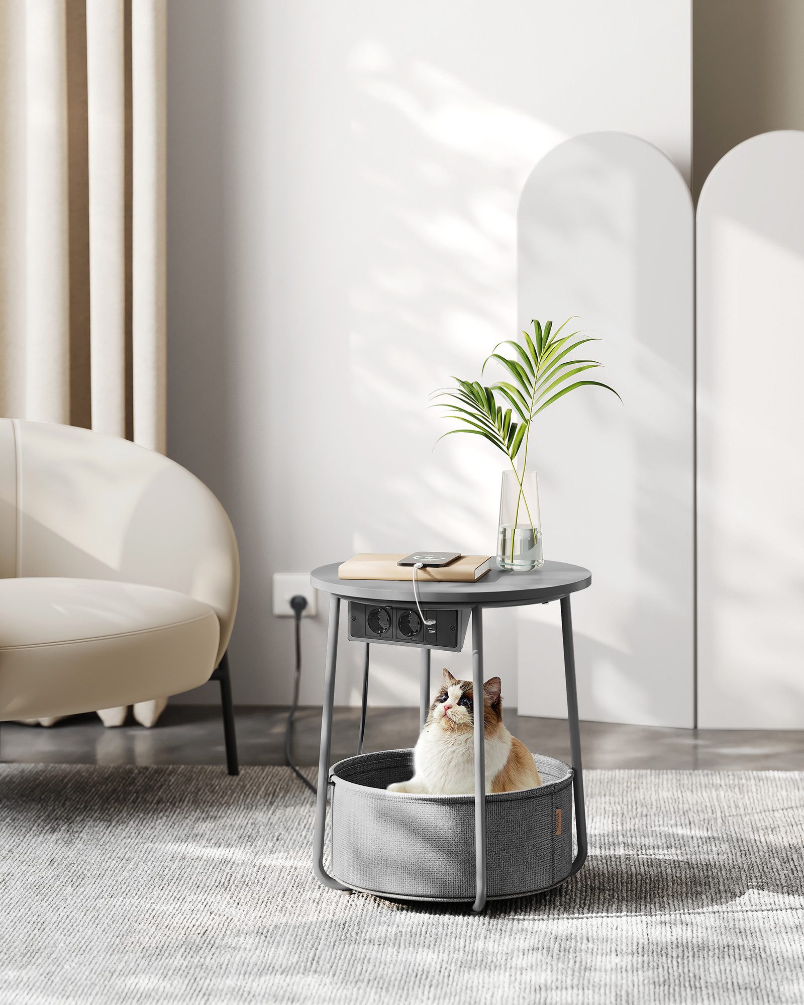 VASAGLE Beistelltisch, rund, mit Steckdose, USB-Anschlüsse, mit Korb aus St günstig online kaufen