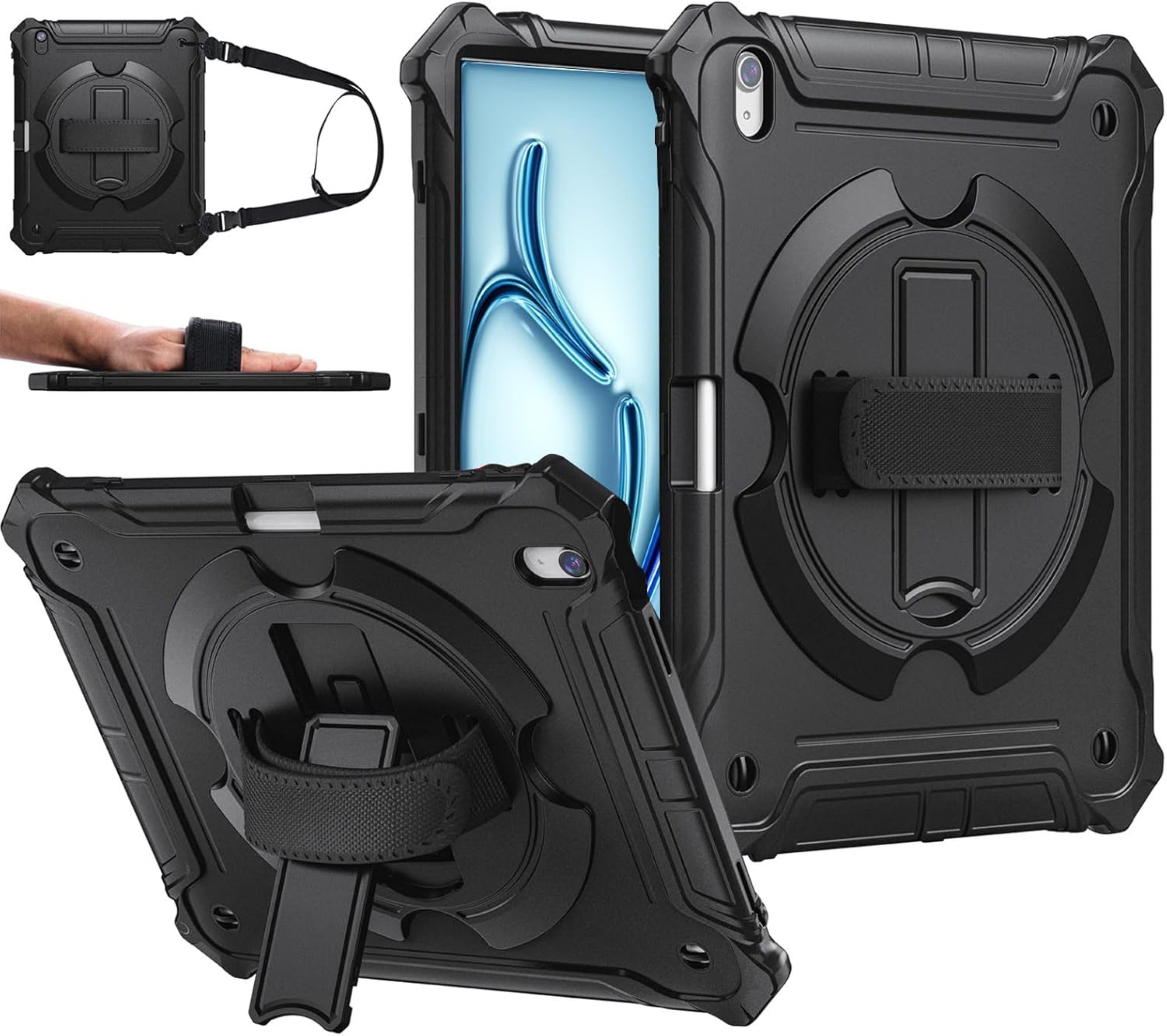 ZtotopCases Tablet-Hülle Stoßfeste iPad Air 11 Zoll Hülle mit Ständer & Gurt, Schwarz 11 Zoll (27,9 cm), Stoßfeste M3 2025 / M2 2024 Hülle mit 360° Ständer & Tragegurt