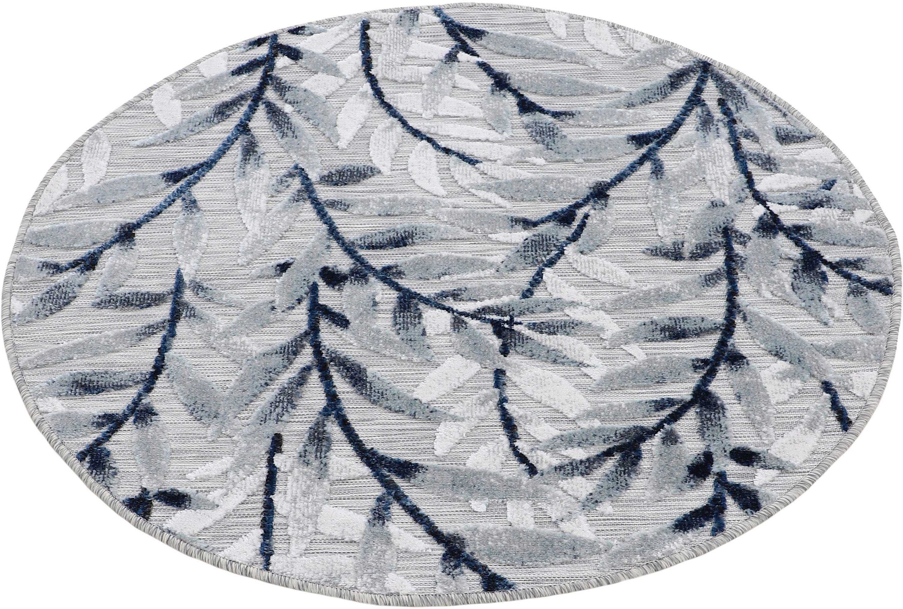 Teppich Deja Flachgewebe, rund, 100, Motiv- Effekt Höhe: Floral robustes 4 mm, Palmenblätter, carpetfine, Hoch-Tief