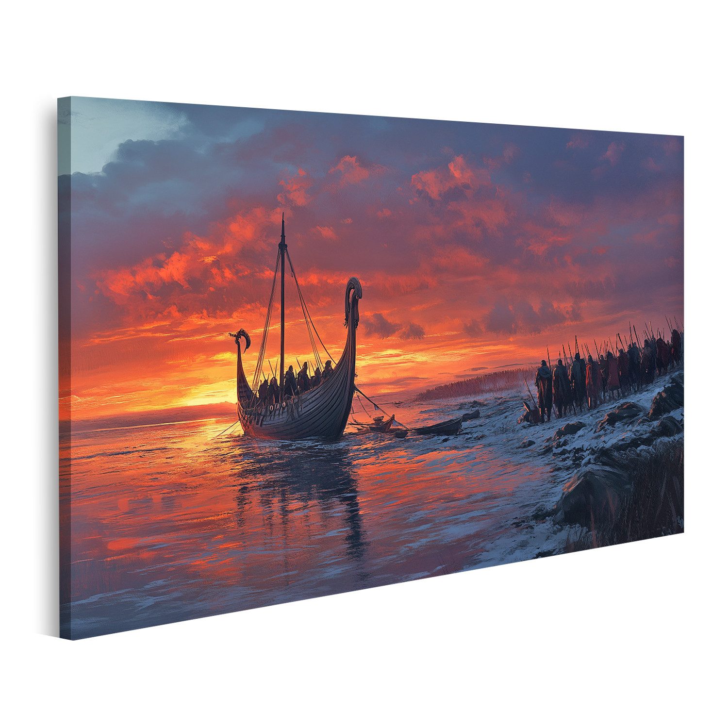 islandburner Leinwandbild Wikinger bei Sonnenuntergang am frostigen Strand