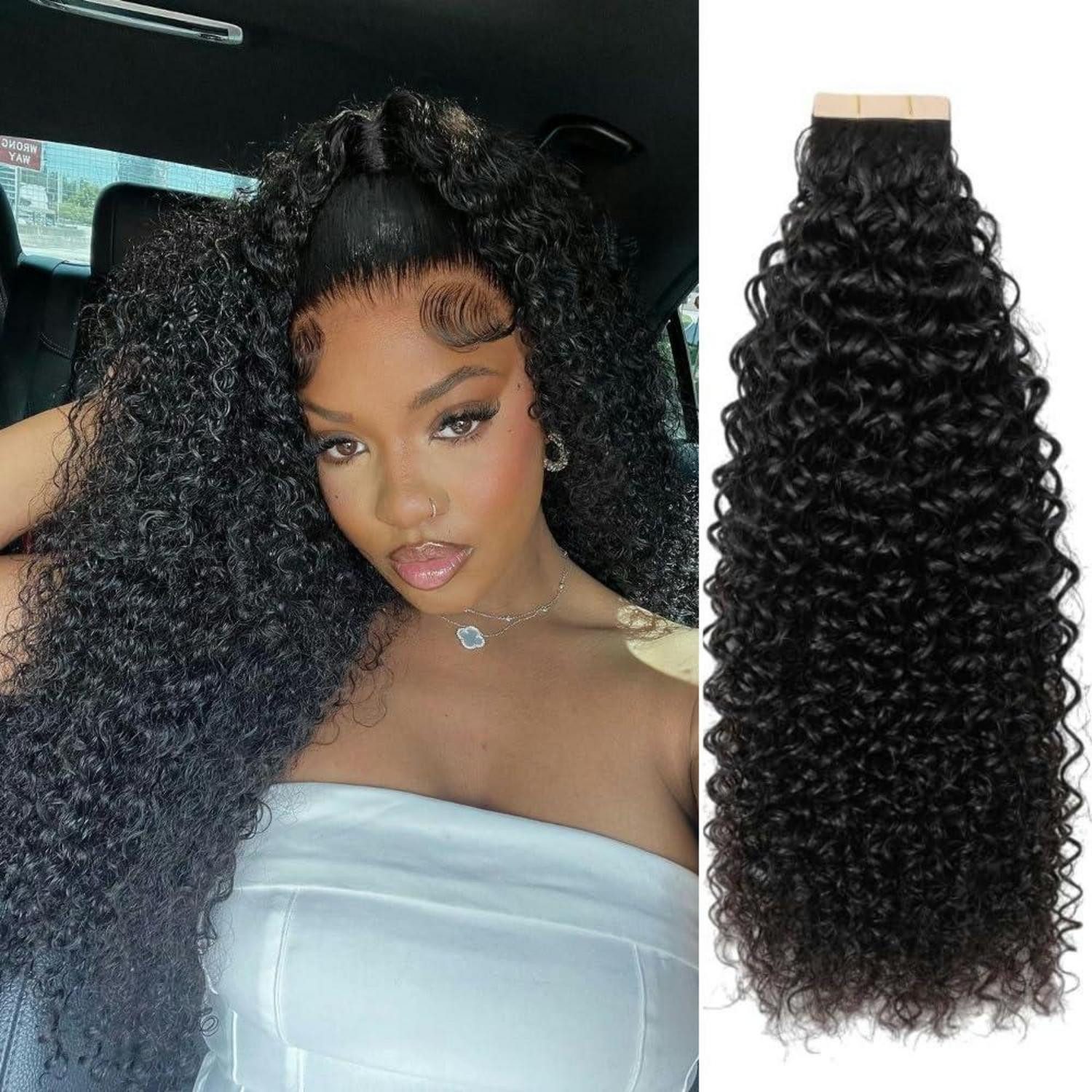 LuxusKollektion Echthaar-Extension Tape Extensions Echthaar Kinky Curly 1B# 16zoll-40.6cm(20er Pack)