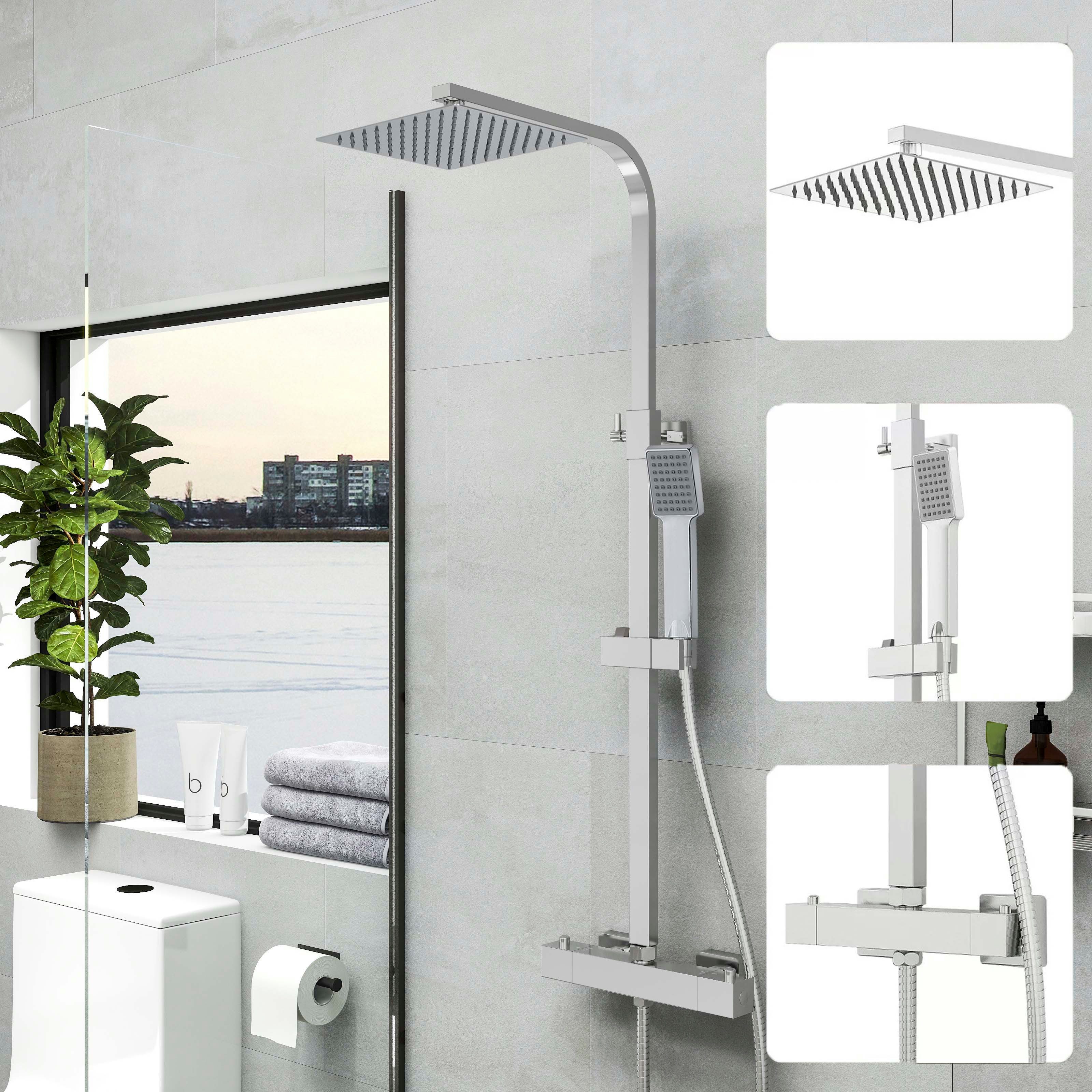 duschspa Duschsystem 20x20cm eckig Regenduschset mit Kopfbrause, 2 Strahlart(en), Wandmontage mit Thermostat Regendusche Chrom/Schwarz Quadratisch