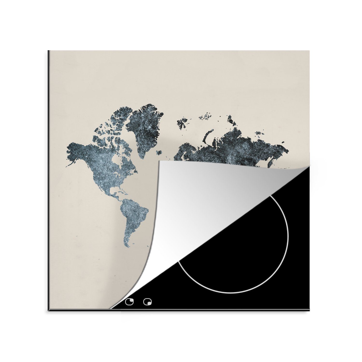 MuchoWow Herdblende-/Abdeckplatte Weltkarte - Grau - Silber, Vinyl, (1 tlg), 78x78 cm, Ceranfeldabdeckung, Arbeitsplatte für küche
