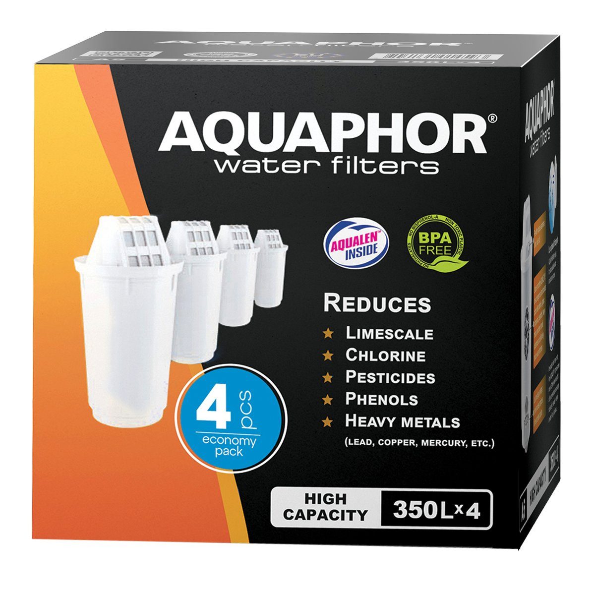 AQUAPHOR Kalk- und Wasserfilter Pack 4 A5H für hartes Wasser, Filterkartuschen, Bis zu 350 l. Kap., Zubehör für, Tischwasserfilter Provence, Smile, Prestige, AQUALEN Technologie