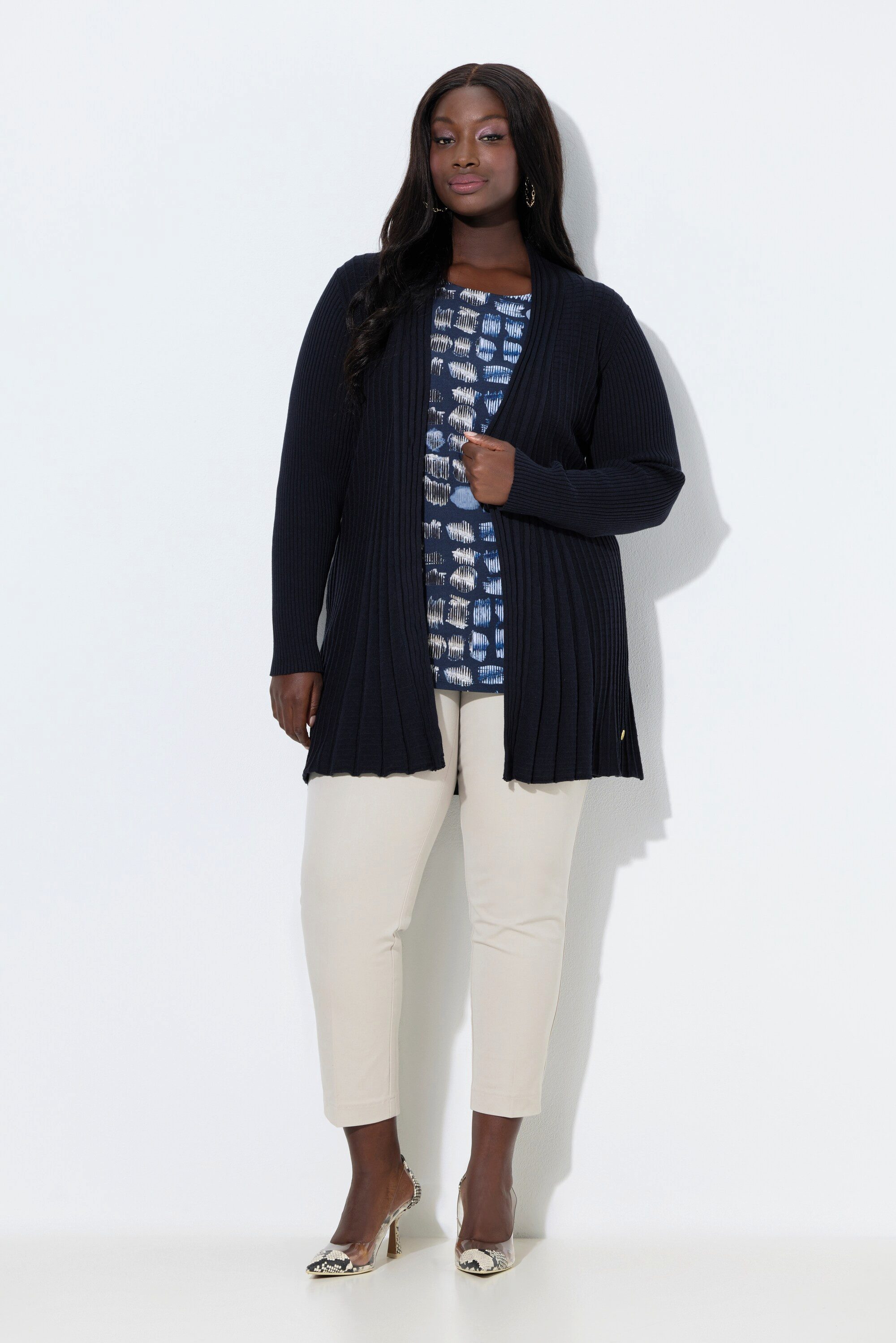 Ulla Popken Strickjacke Plissee-Strickjacke A-Linie Schalkragen Langarm