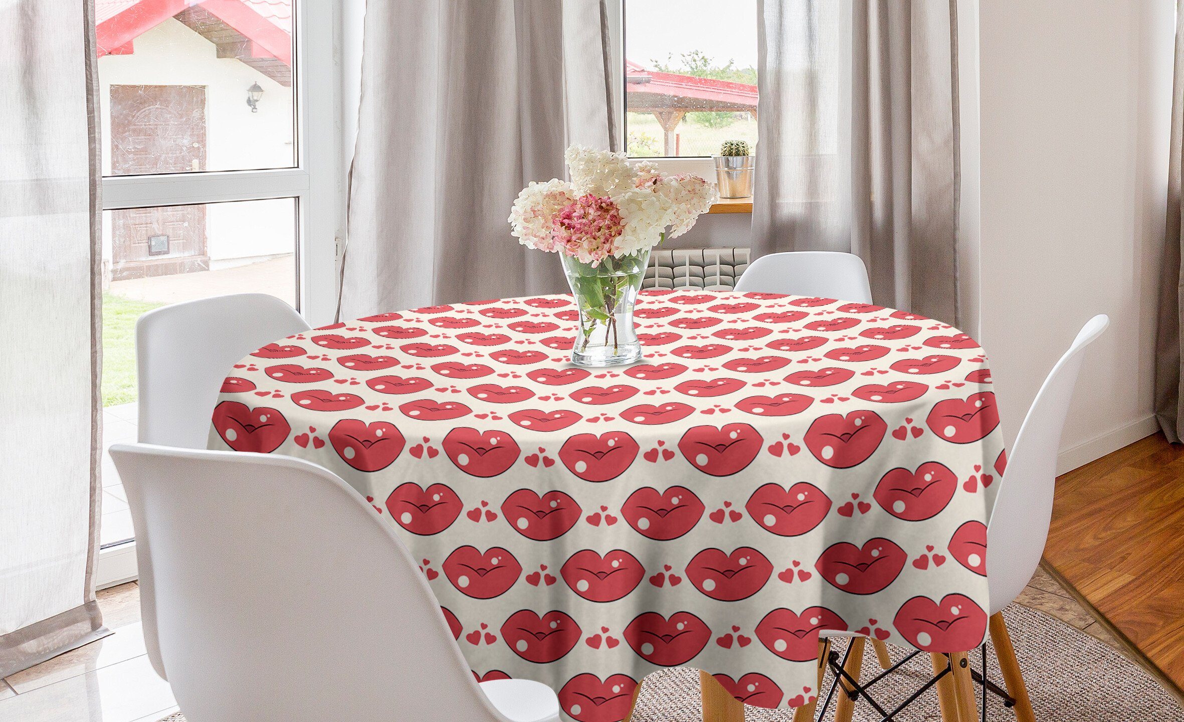 Abakuhaus Tischdecke Kreis Tischdecke Abdeckung für Esszimmer Küche Dekoration, küssen Lippe und Herzform Motiv