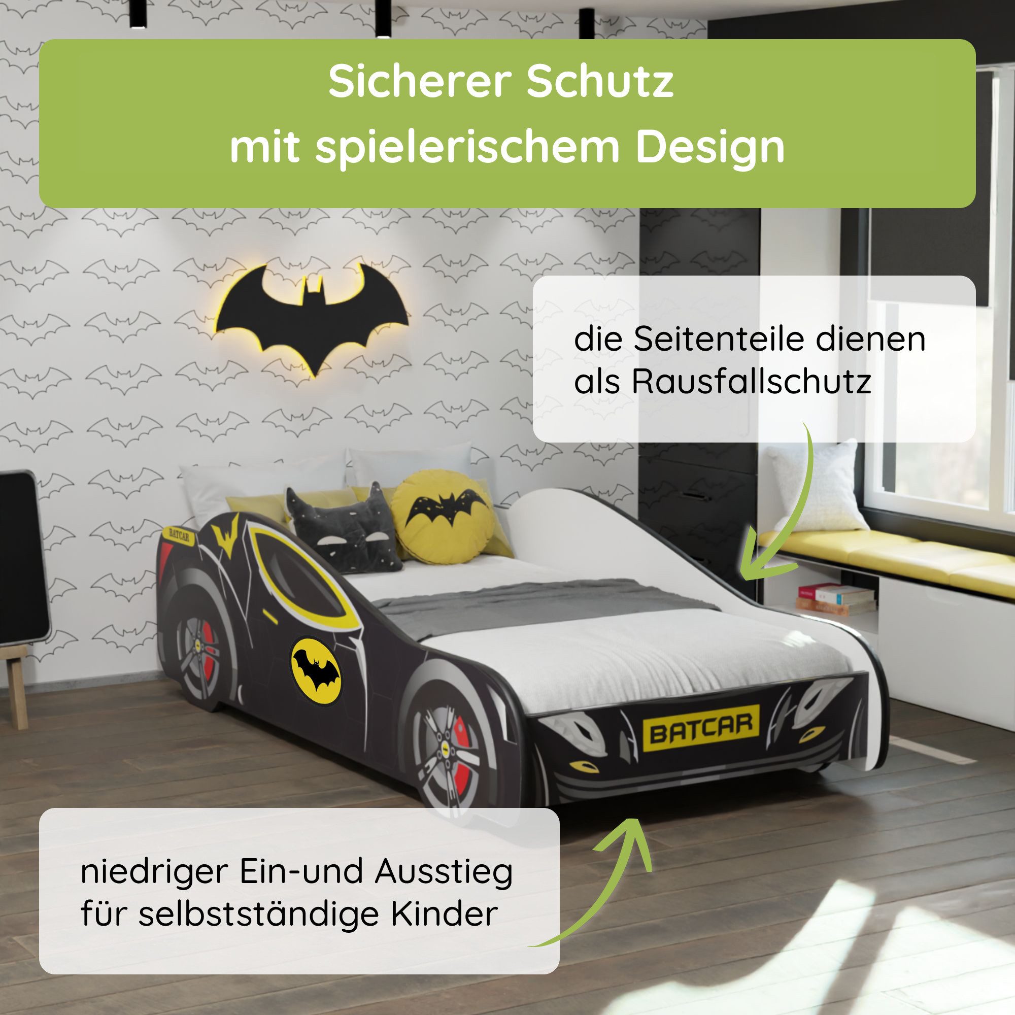 Kids Collective Autobett 70x140 / 80x160 cm Kinderbett Jugendbett mit Rausfallschutz (Spielbett Batman Batmobil Bat Car Auto, Spielbett Batman Batmobil Bat Car Auto), Kinderbett 70x140 cm mit Lattenrost - für Kinder ab 2 Jahren