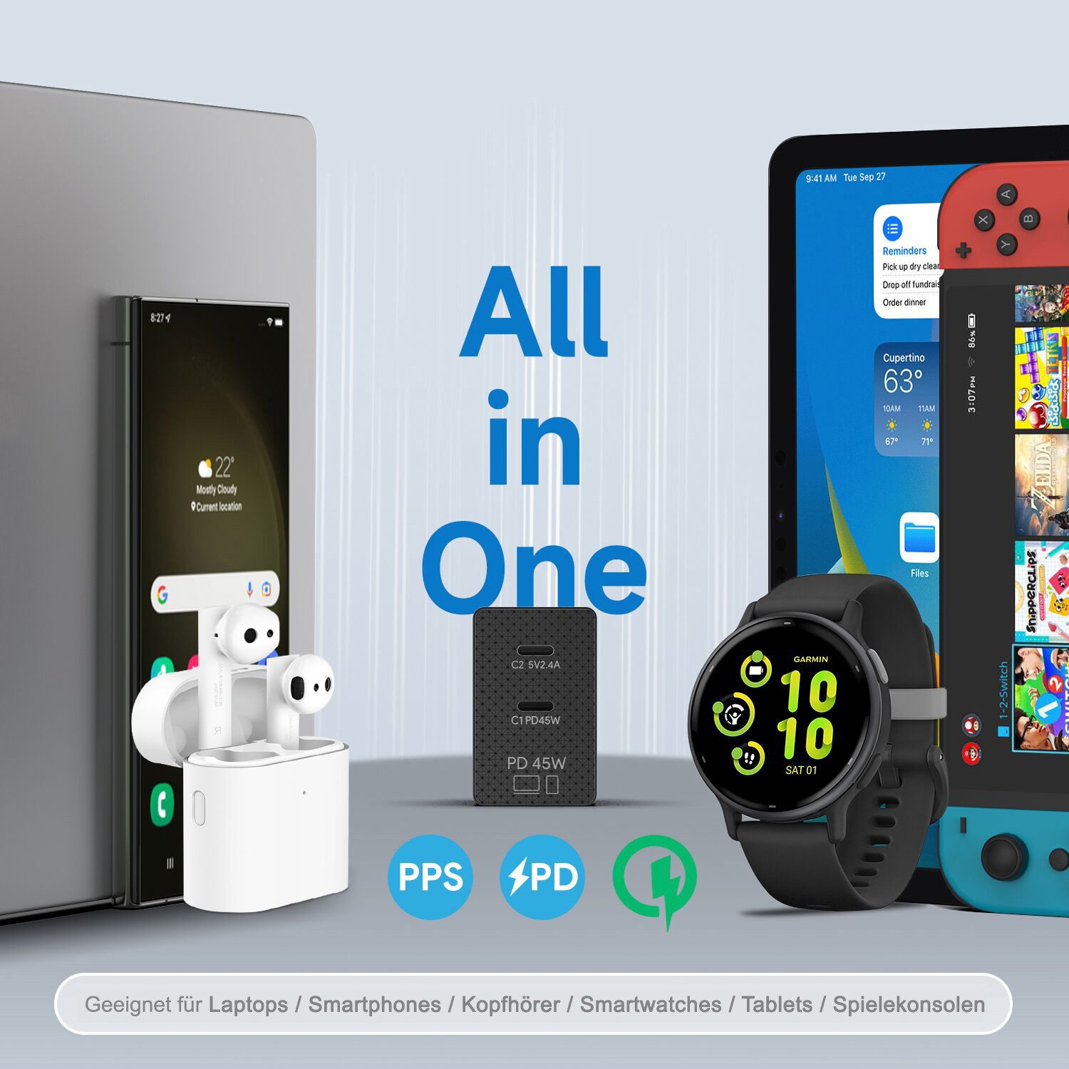 HKY GaN 57W USB-C PD3.0 Netzteil 45W 40W 15W für Android Tablets Netzteil (für Amazon Fire HD 10/8 Kids Pro,Lenovo Tab M11,Galaxy Tab A9+,DOOGEE)